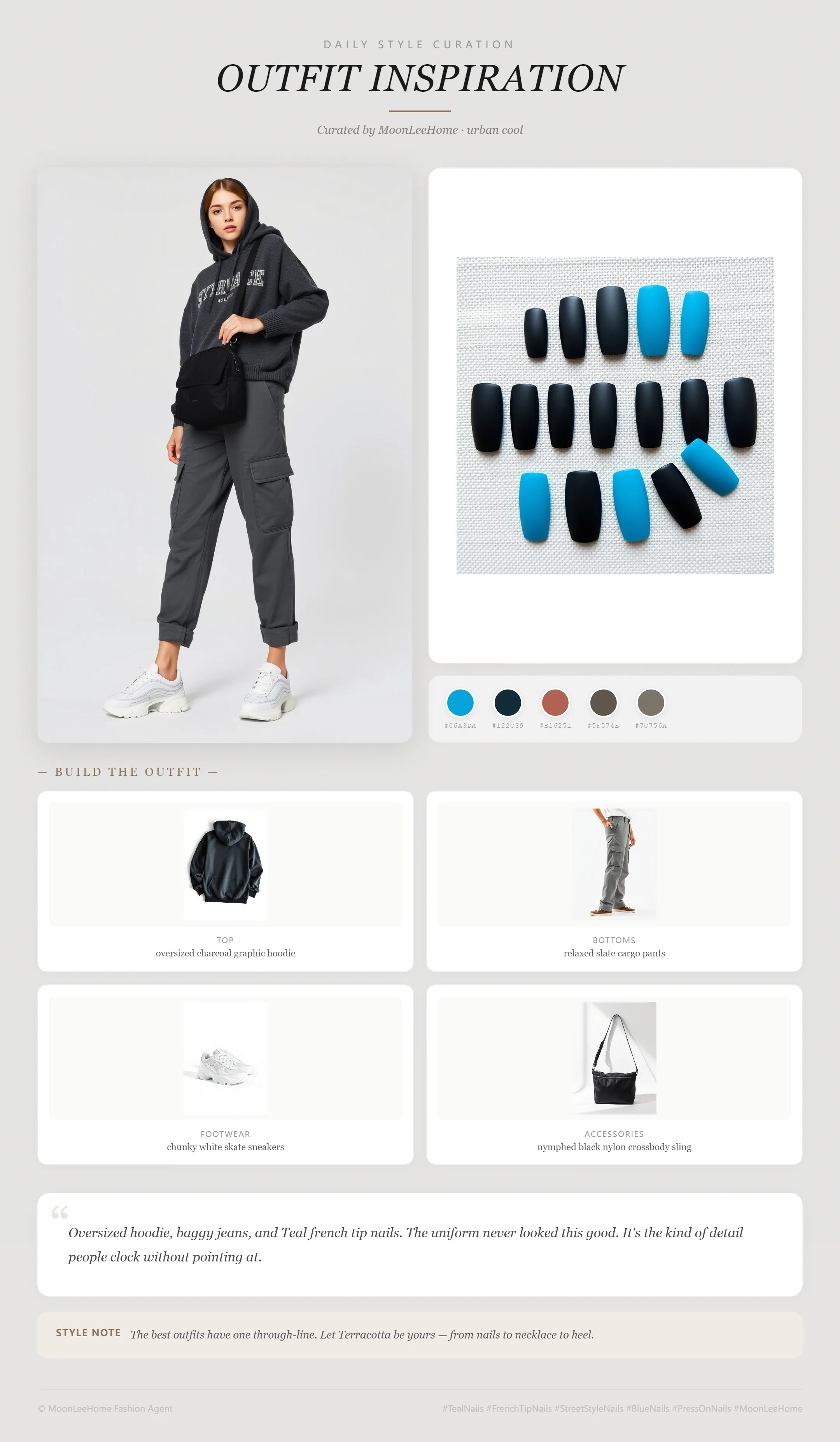 MOONLEE Moonlee Teal Streetwear Nails Press-On Nails paired with oversized charcoal graphic hoodie, relaxed slate cargo pants, chunky white skate sneakers and nymphed black nylon crossbody sling — weekend outfit inspiration