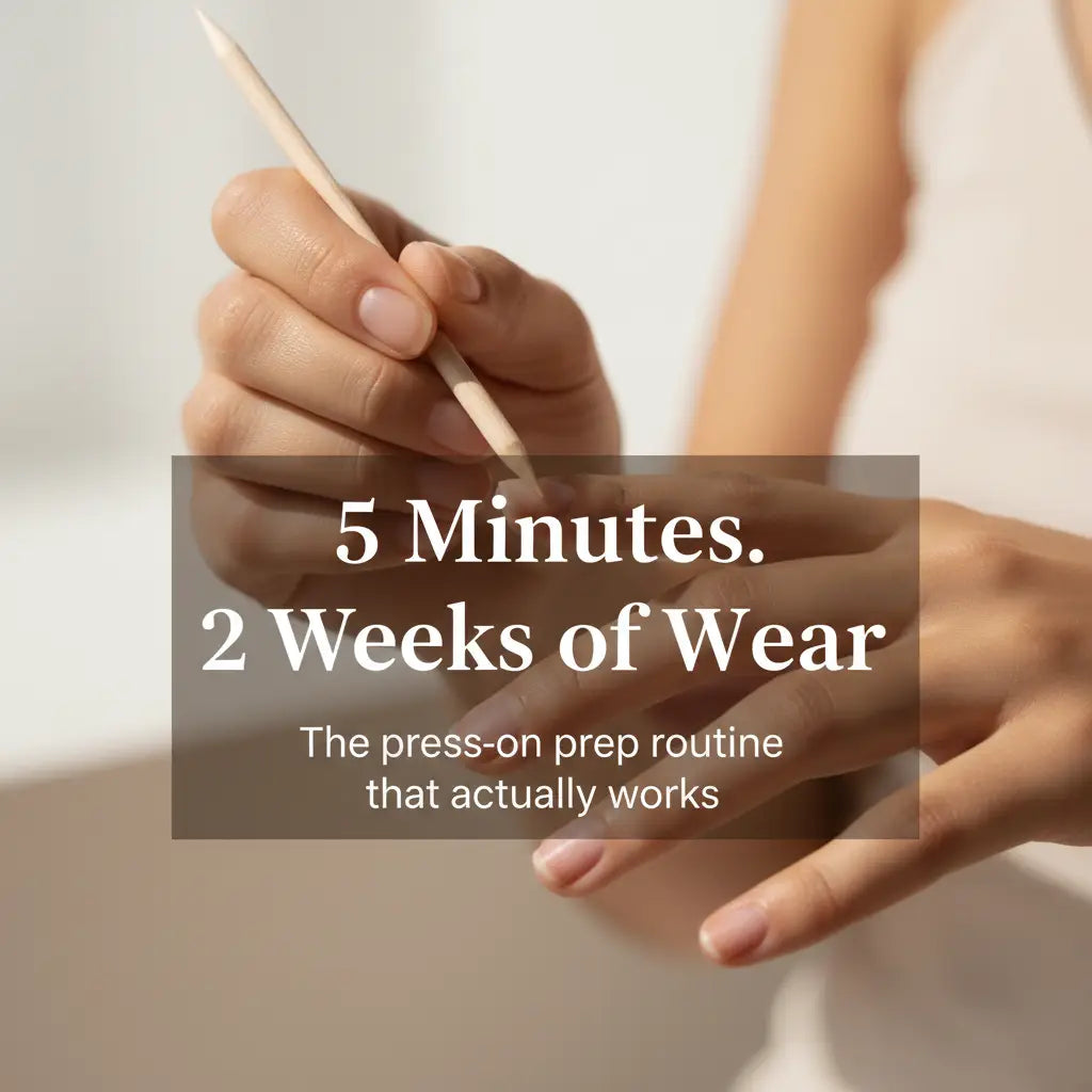Nail prep routine for press-on nails — 5 minutes to 2 weeks of wear, cuticle push and alcohol wipe guide