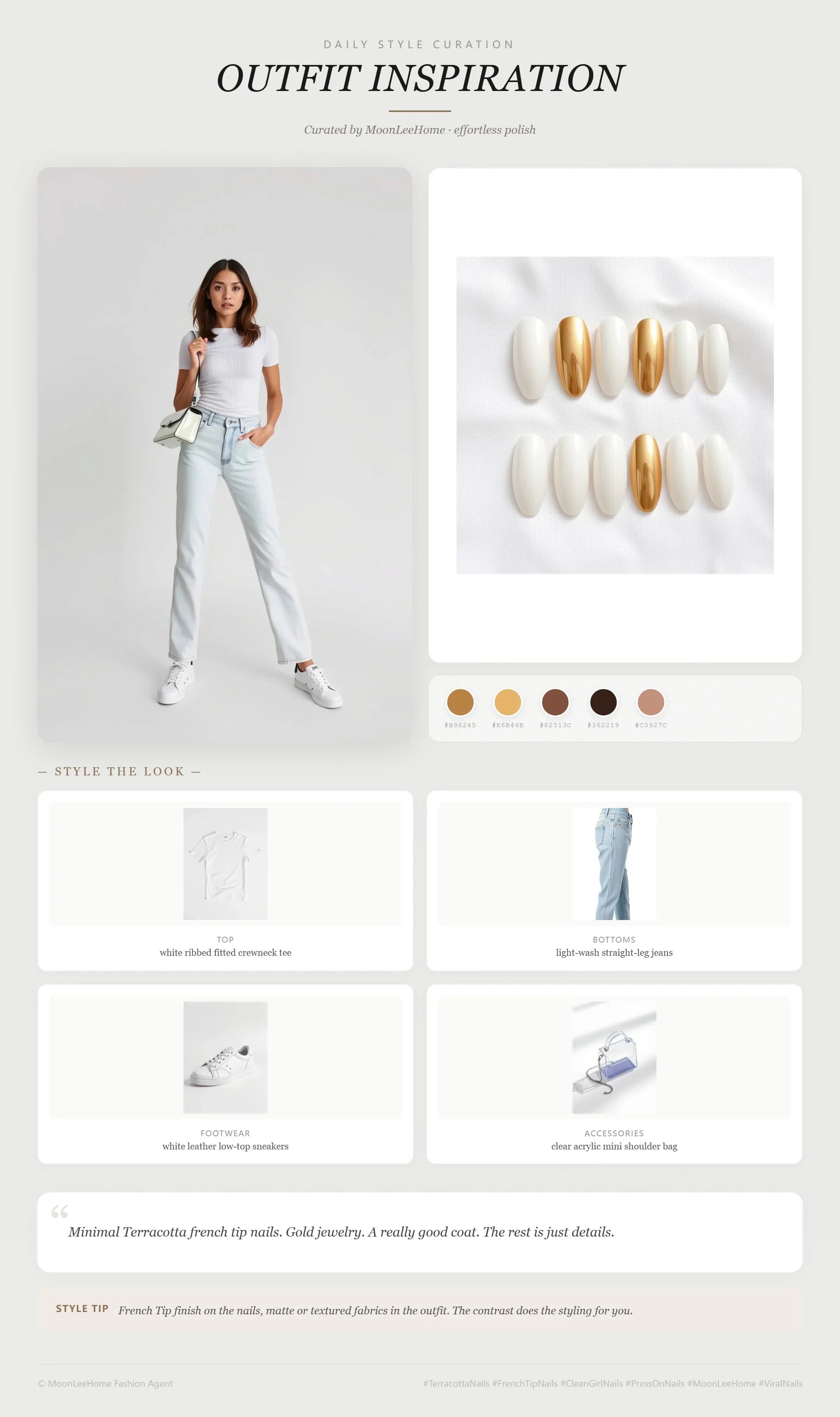 MOONLEE Nail Shape Atlas 3D Press-On Nails paired with white ribbed crewneck tee, light-wash straight-leg jeans, white leather sneakers, and clear acrylic mini shoulder bag — work outfit inspiration