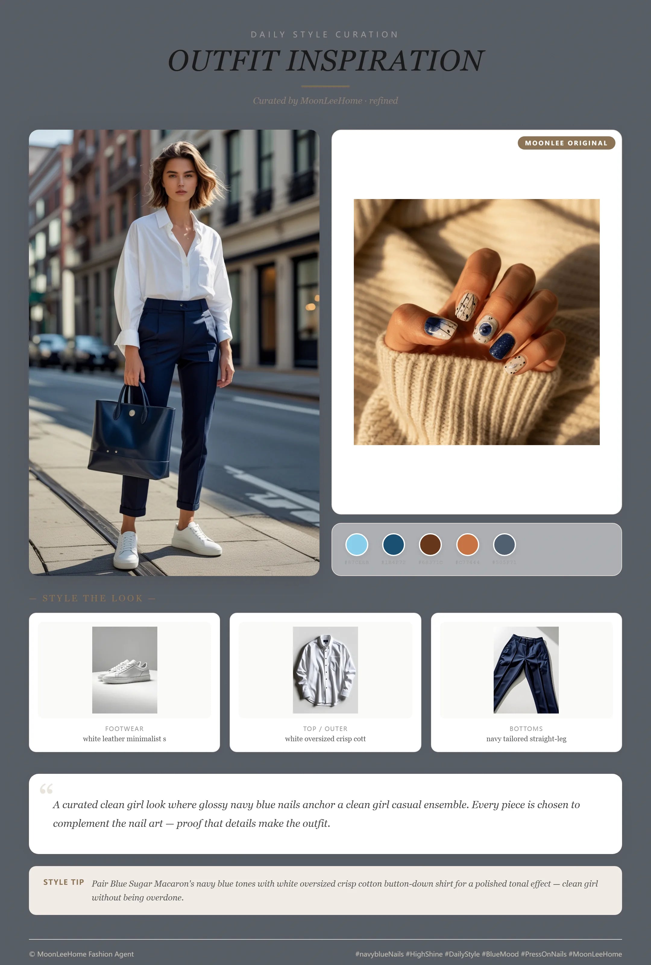 MOONLEE Blue Sugar Macaron abstract swirl nails paired with white oversized button-down, navy tailored trousers, white minimalist sneakers and structured navy tote — office outfit inspiration