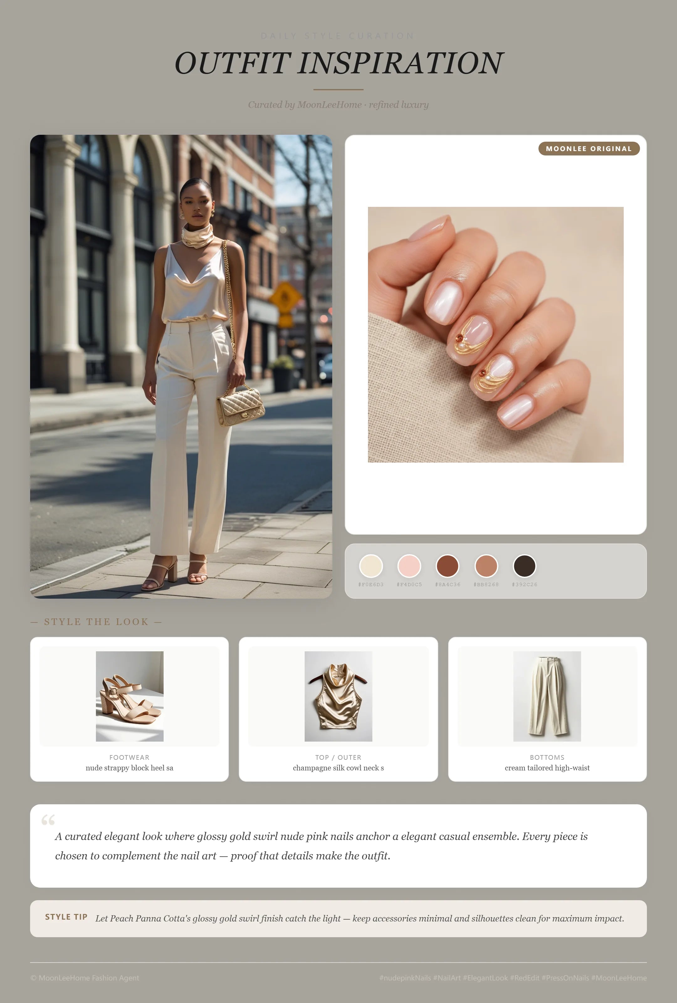 MOONLEE Peach Panna Cotta gold swirl press-on nails paired with champagne silk cowl neck top, cream tailored trousers, nude block heel sandals and gold chain crossbody bag — date night outfit inspiration