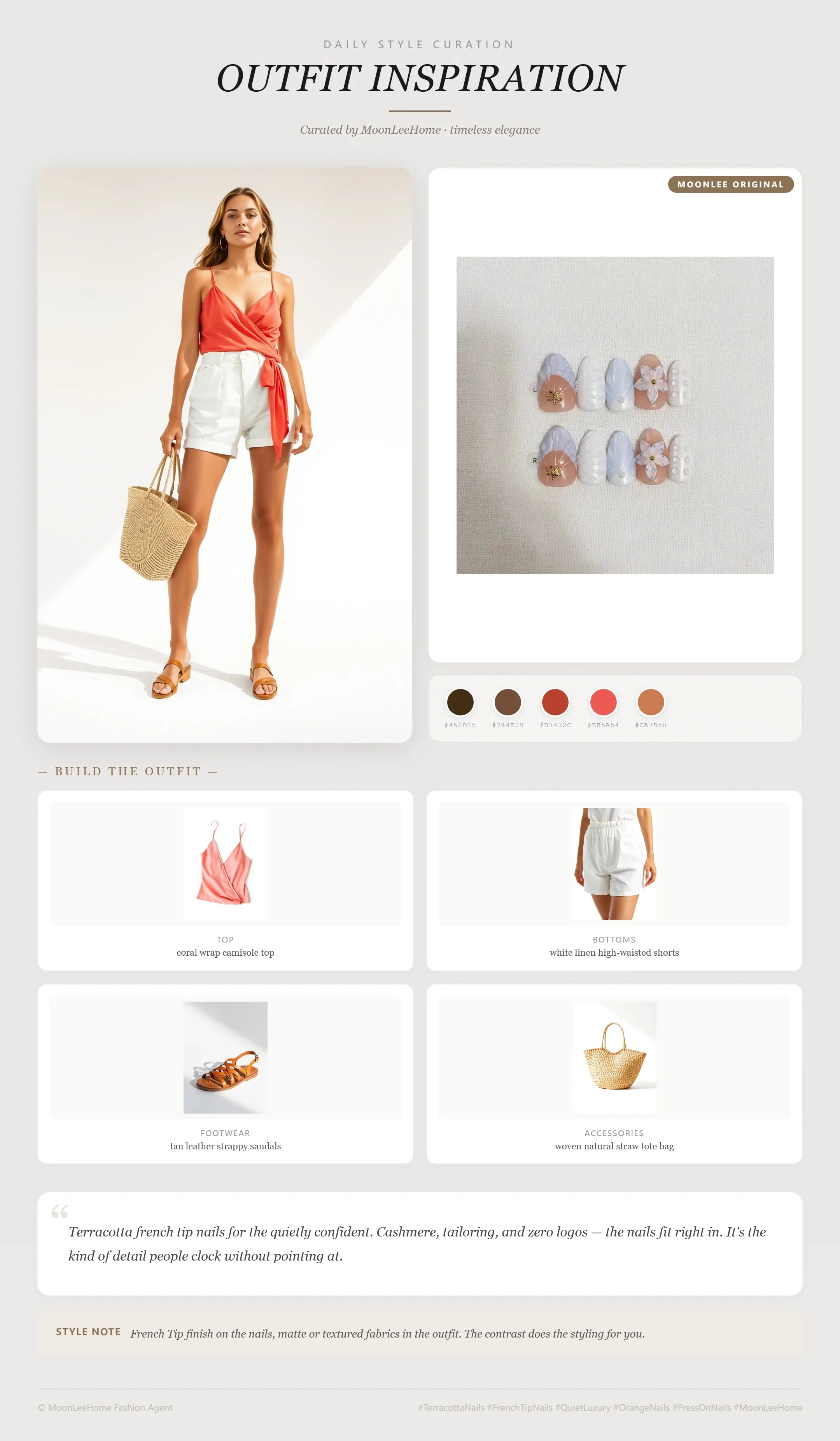 MOONLEE Ocean Bloom Starfish Pearl Flower Press On Nails Press-On Nails paired with coral wrap camisole top, white linen high-waisted shorts, tan leather strappy sandals, woven natural straw tote bag fashion inspiration card
