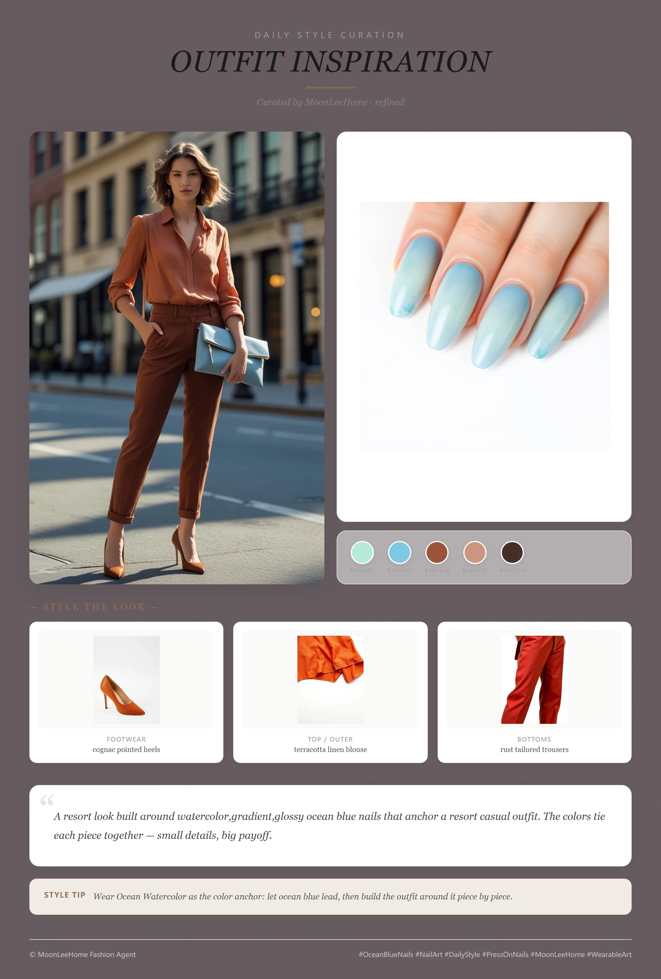 MOONLEE Ocean Watercolor gradient press-on nails paired with terracotta linen blouse, rust tailored trousers, cognac pointed heels and powder blue evening clutch — resort vacation outfit inspiration