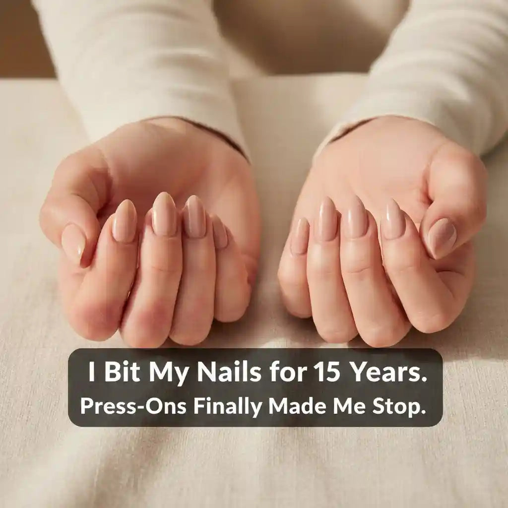 Before and after hands comparison showing bitten nails vs short nude press-on nails — I Bit My Nails for 15 Years. Press-Ons Finally Made Me Stop. — MOONLEE