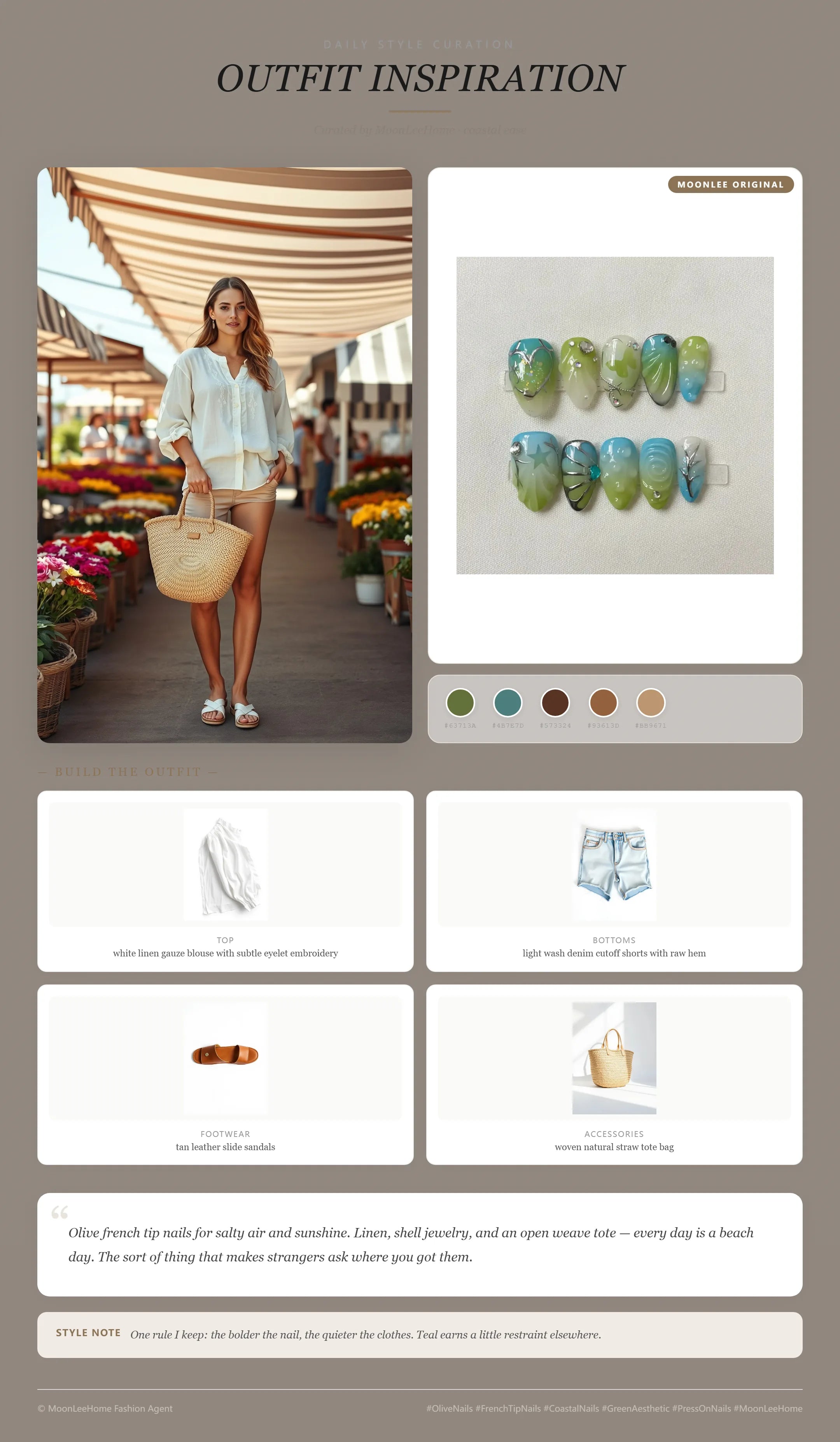 MOONLEE Enchanted Garden Press-On Nails paired with white linen blouse, denim shorts, tan sandals and straw tote — weekend coastal outfit