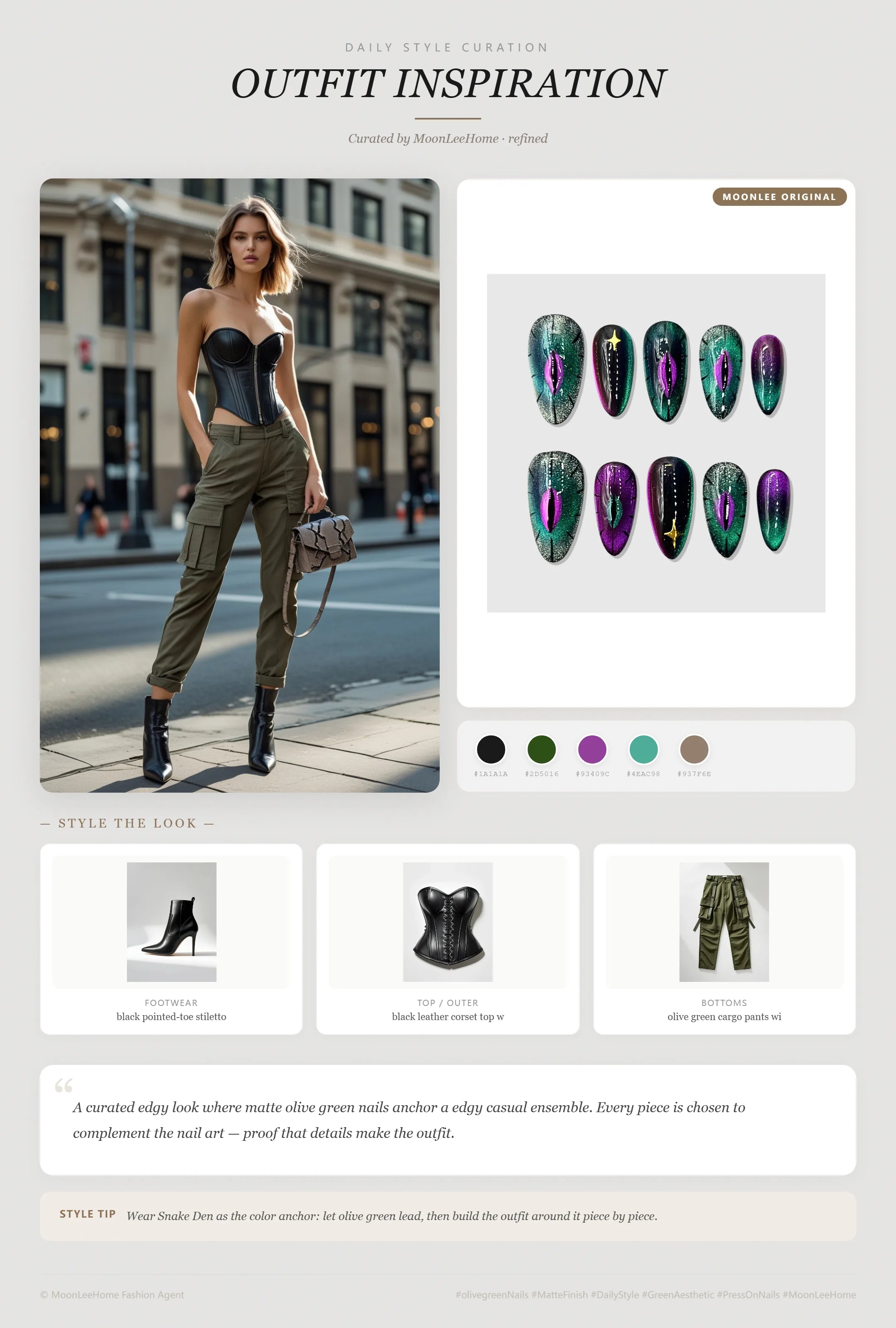 MOONLEE Snake Den edgy snake print nails paired with black leather corset top, olive green cargo pants, black stiletto ankle boots and taupe snakeskin crossbody bag — rock chic party outfit inspiration