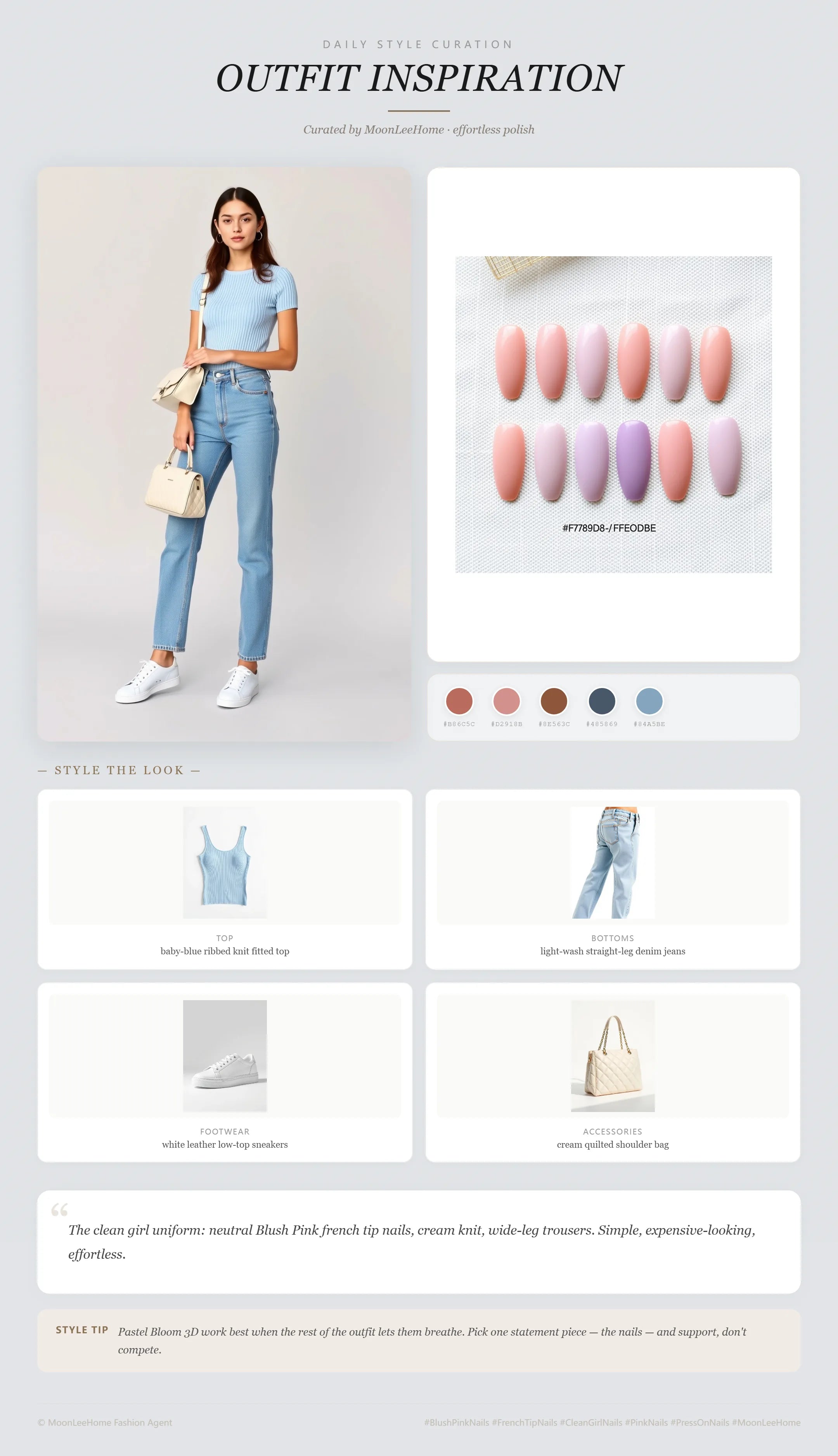 Pastel Bloom 3D press-on nails everyday clean girl outfit inspiration | MOONLEE