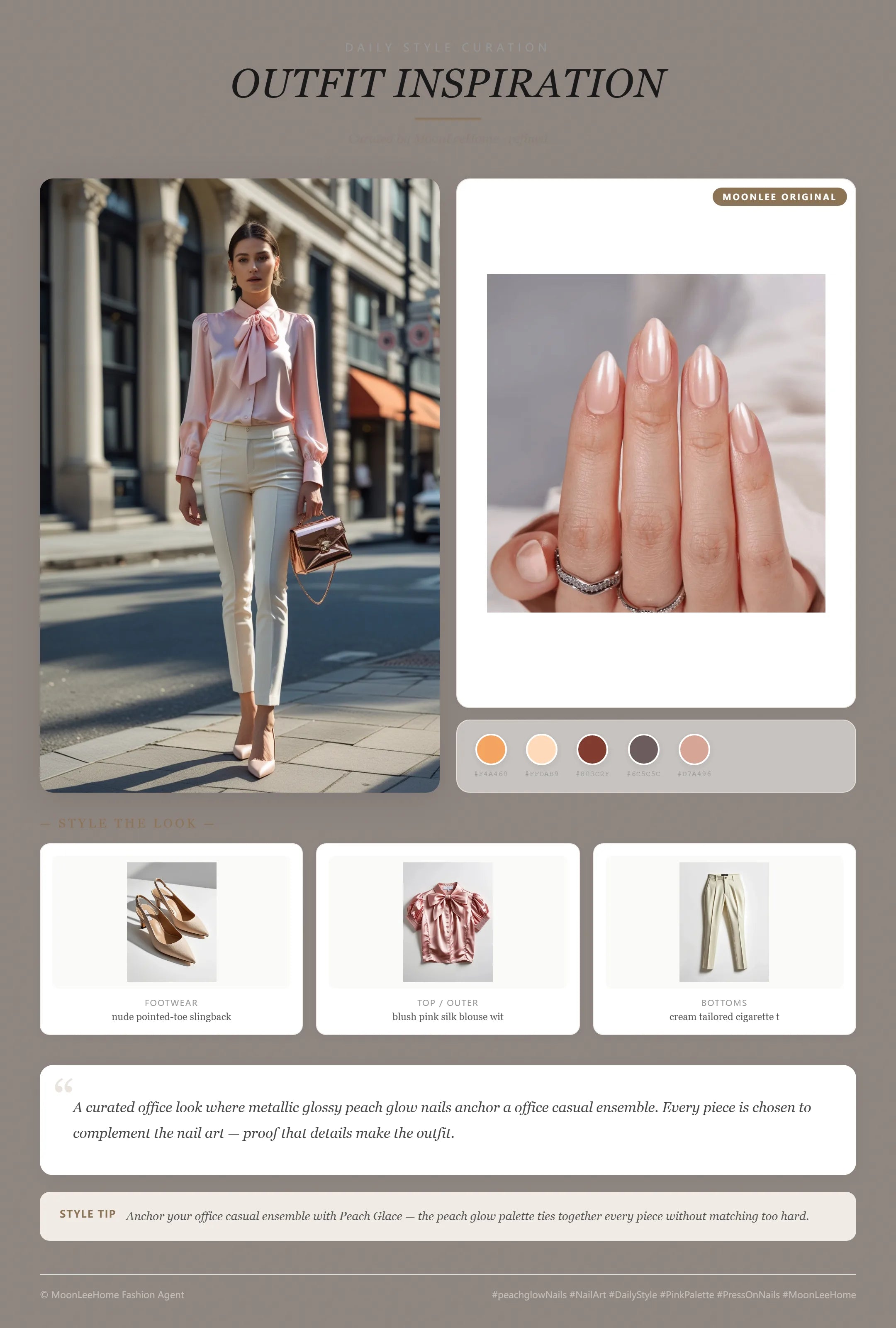 MOONLEE Peach Glace rose gold nails paired with blush silk pussy-bow blouse, cream tailored cigarette trousers, nude slingback pumps and rose gold metallic crossbody bag — office outfit inspiration