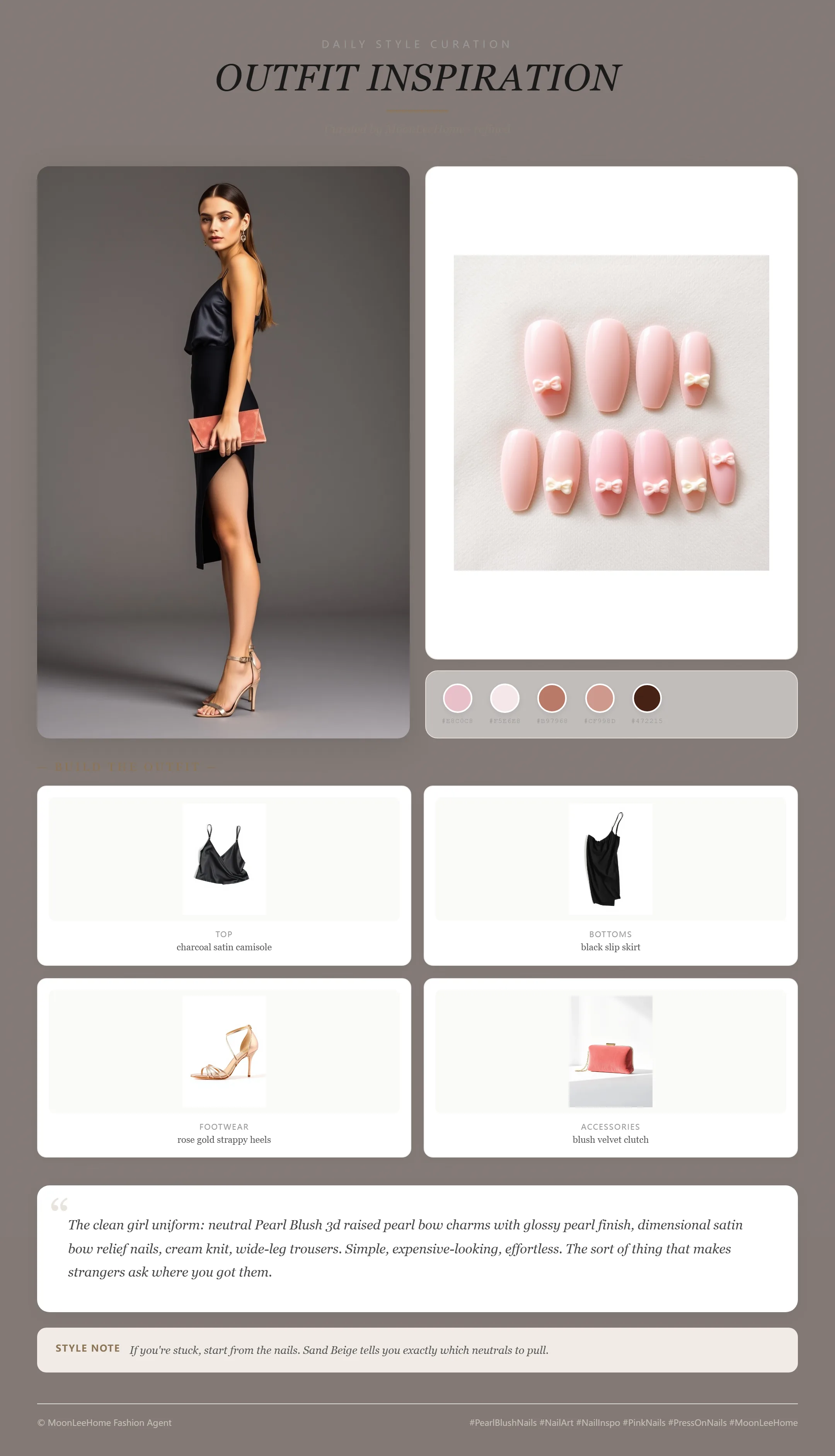 MOONLEE Pearl Bow 3D Press-On Nails paired with charcoal satin camisole, black slip skirt, rose gold strappy heels, blush velvet clutch — date night outfit inspiration