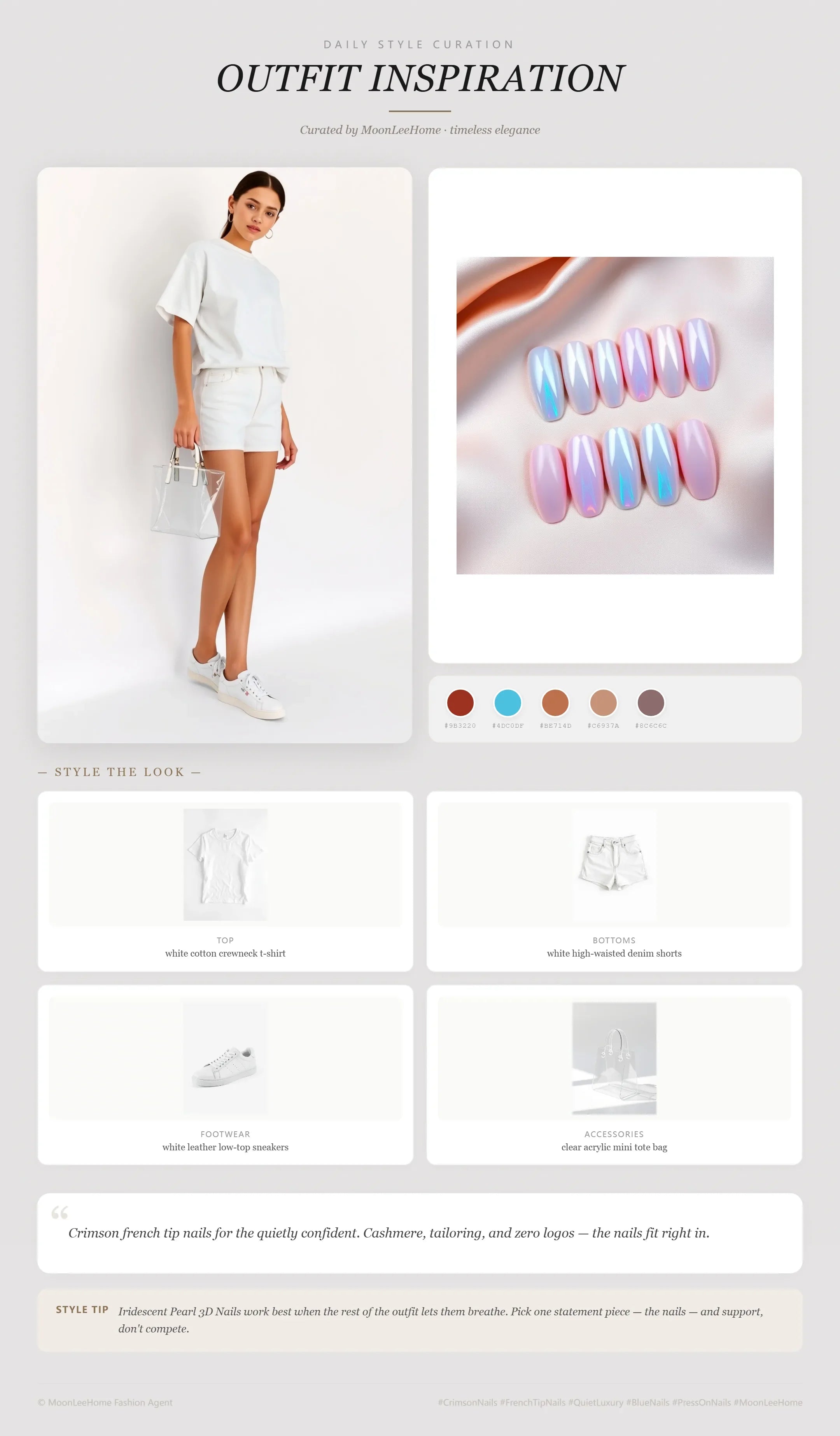 Iridescent Pearl 3D press-on nails styled with white crewneck tee, white high-waisted denim shorts, and clear acrylic mini tote for a minimal everyday look — MOONLEE
