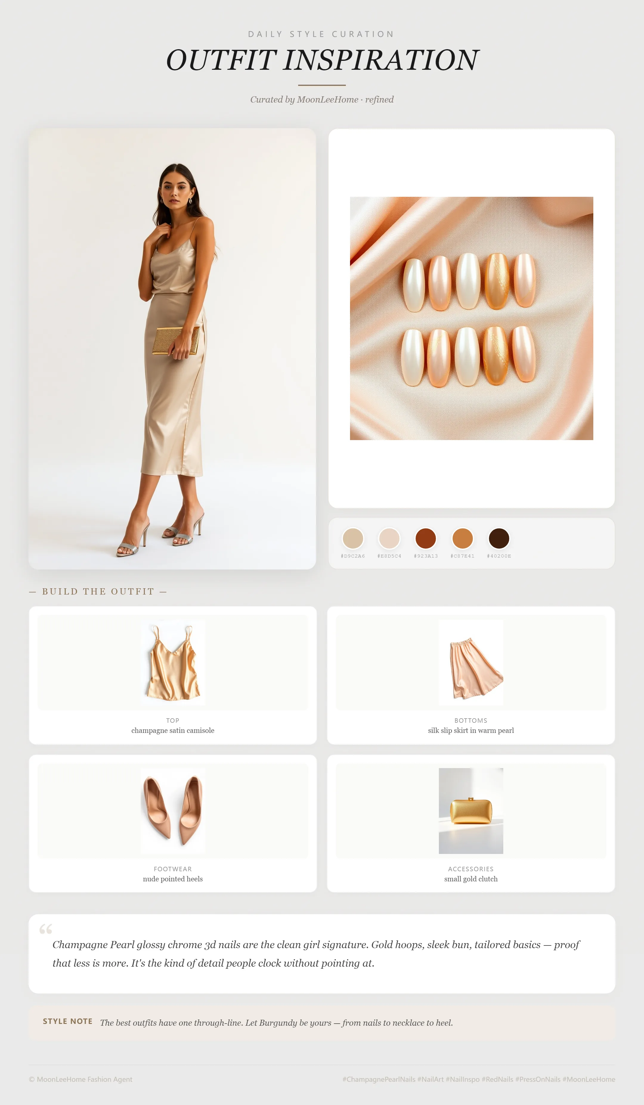 MOONLEE Champagne Pearl × Warm Gold Quiet Luxury Press-On Nails paired with champagne satin camisole, silk slip skirt in warm pearl, nude pointed heels, small gold clutch fashion inspiration card