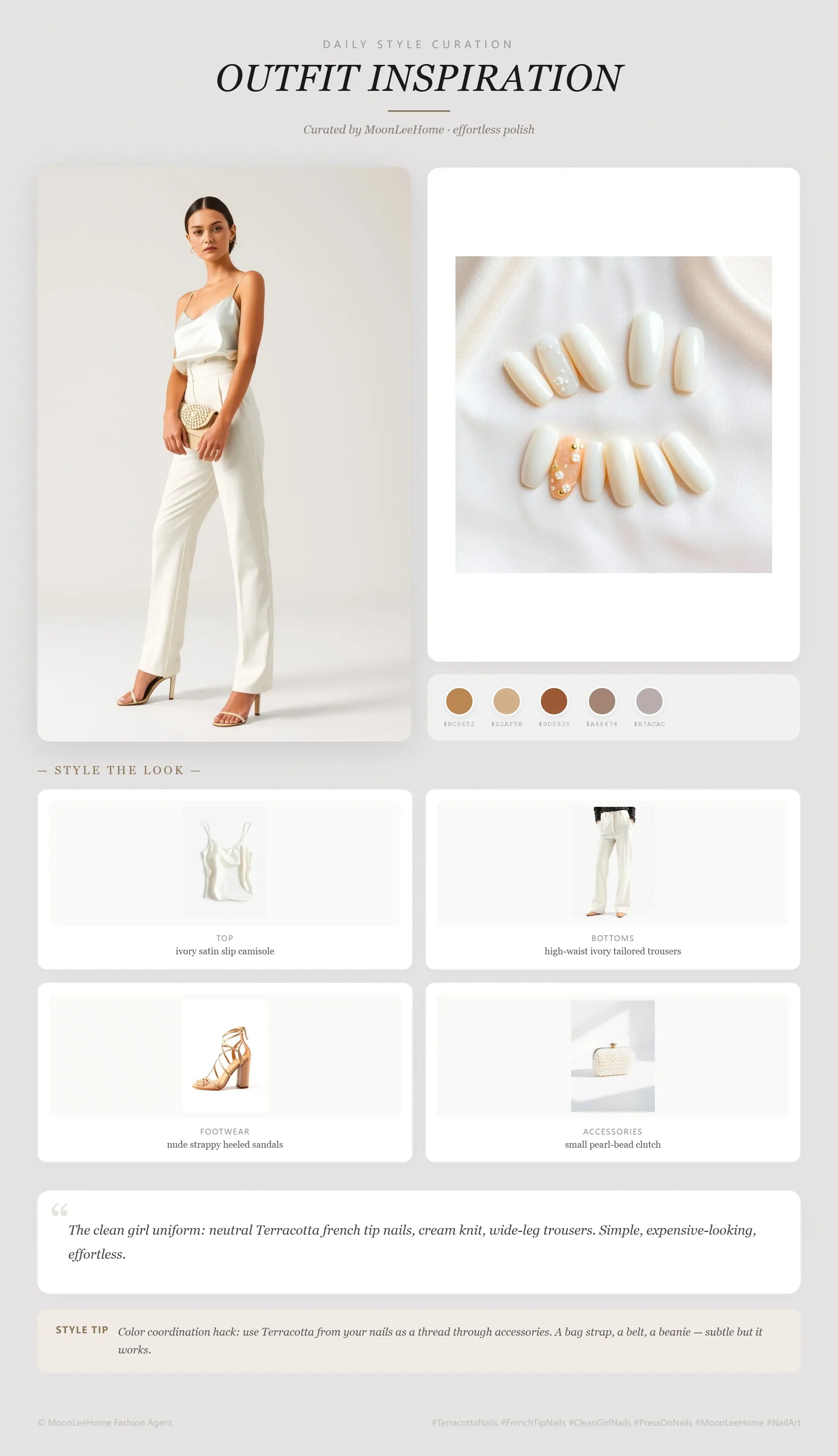 MOONLEE Pearl Veil 3D Press-On Nails paired with ivory satin slip camisole, high-waist ivory tailored trousers, nude strappy heeled sandals, small pearl-bead clutch — date night outfit inspiration