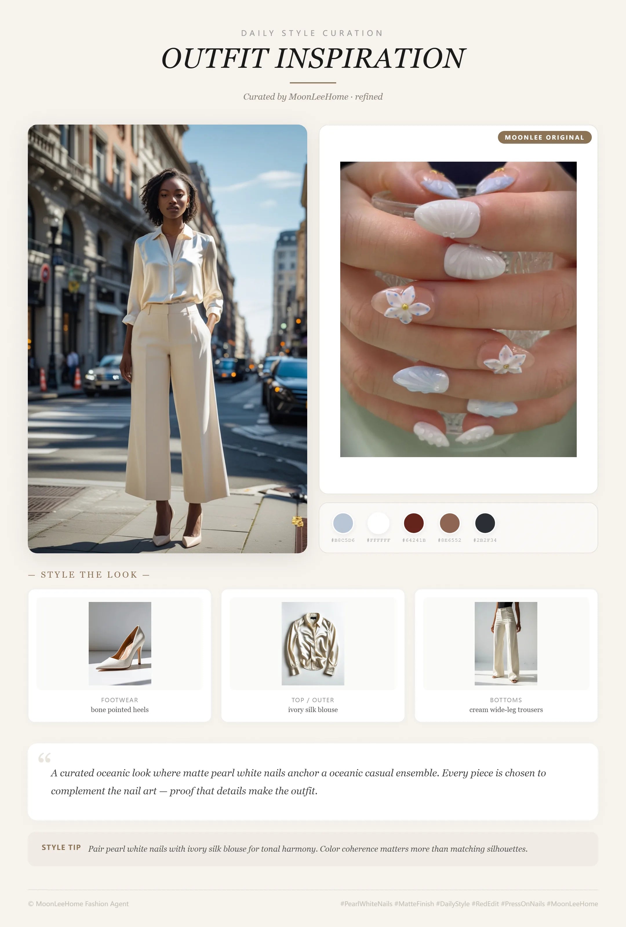 MOONLEE Ocean Bloom Nails press-on nails paired with ivory silk blouse and cream wide-leg trousers coastal outfit