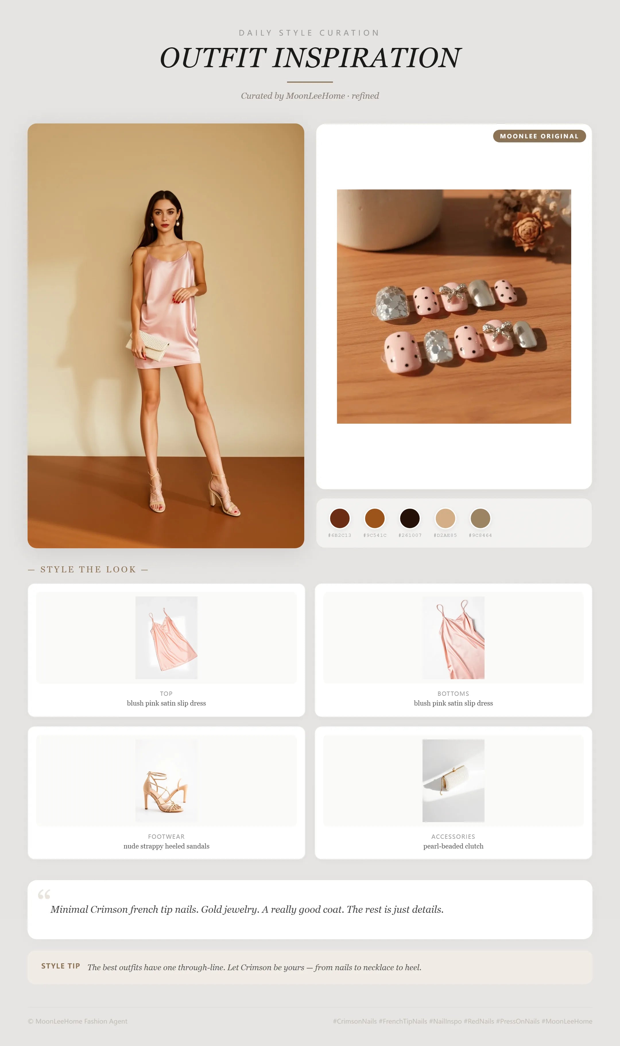 MOONLEE Pink Sugar Truffle Press-On Nails paired with blush pink satin slip dress, nude strappy heeled sandals, pearl-beaded clutch — date night outfit inspiration