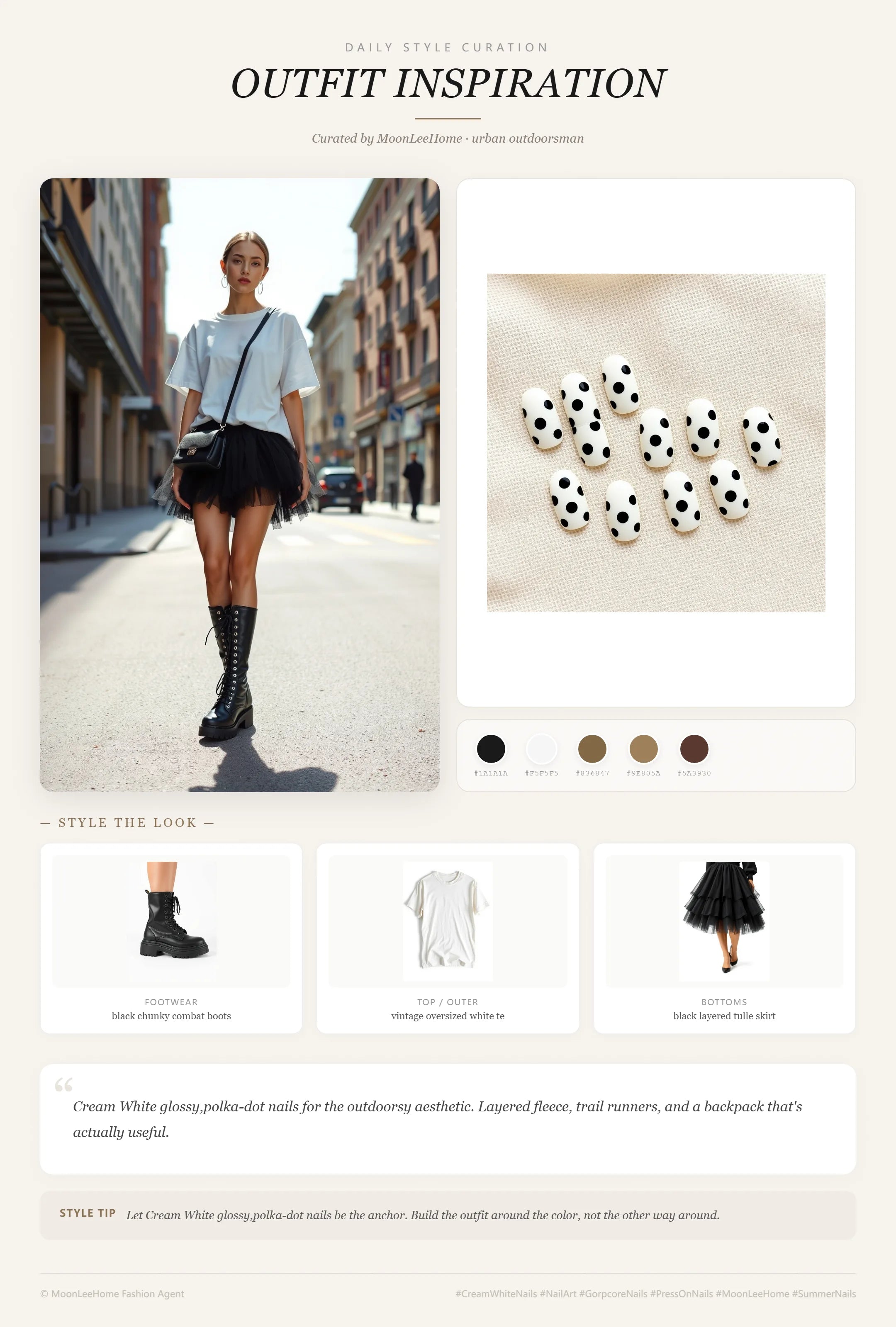 MOONLEE Cream White × Black Dot Gorpcore Press-On Nails paired with vintage oversized white tee, black layered tulle skirt, black chunky combat boots, worn black crossbody bag fashion inspiration card