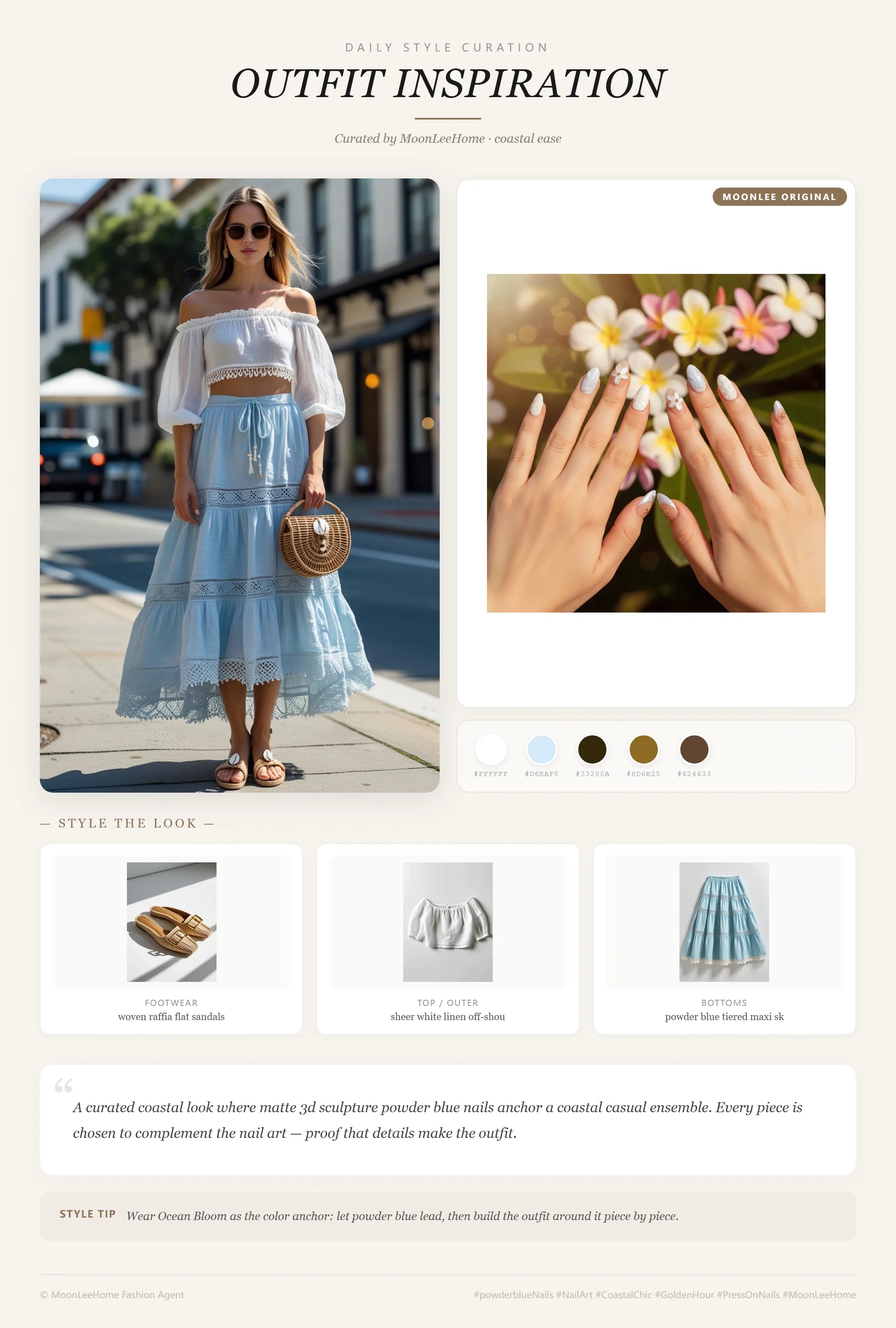 MOONLEE Ocean Bloom starfish pearl nails paired with white linen off-shoulder crop top, powder blue tiered maxi skirt, raffia sandals and rattan shell bag — coastal resort outfit inspiration