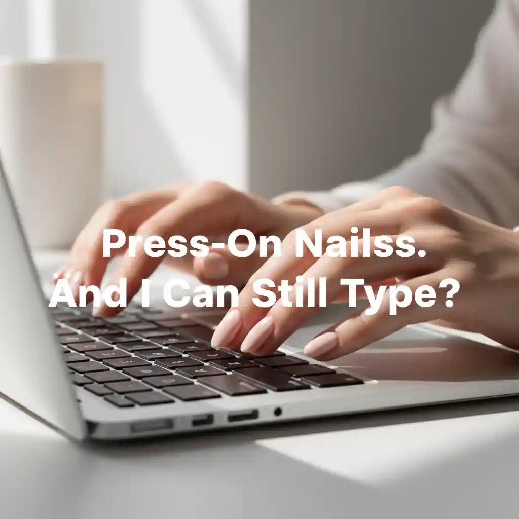 Short almond press-on nails typing on a laptop keyboard — "Press-On Nails. And I Can Still Type?" by MOONLEE