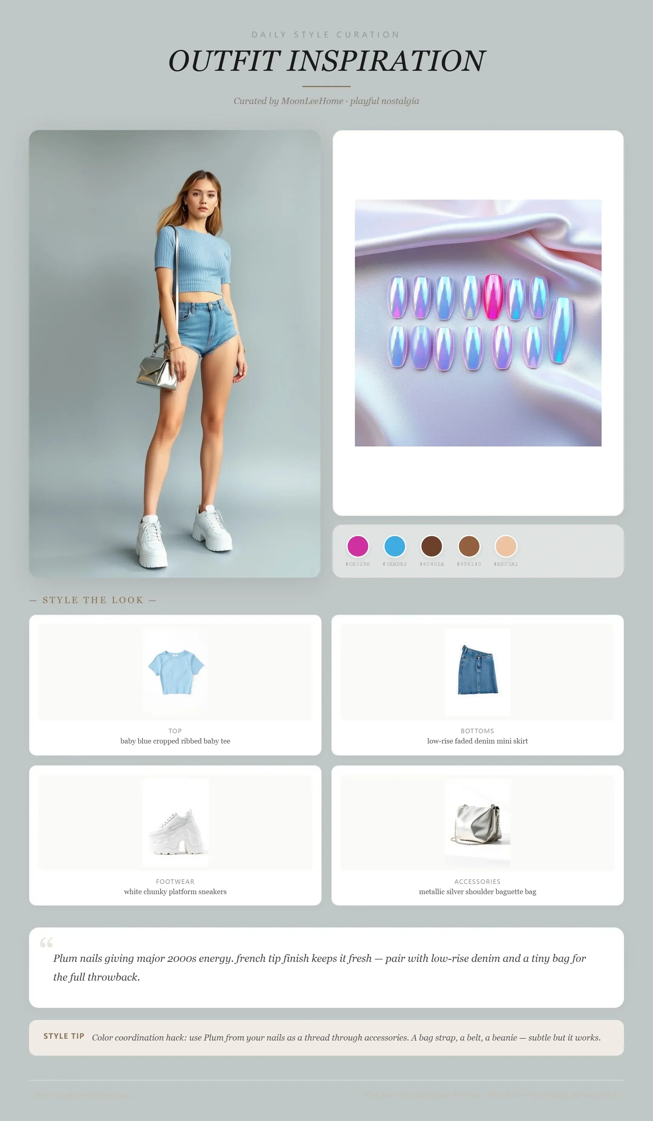 MOONLEE Prism Pop 3D Press-On Nails paired with baby blue baby tee and denim shorts — weekend outfit inspiration