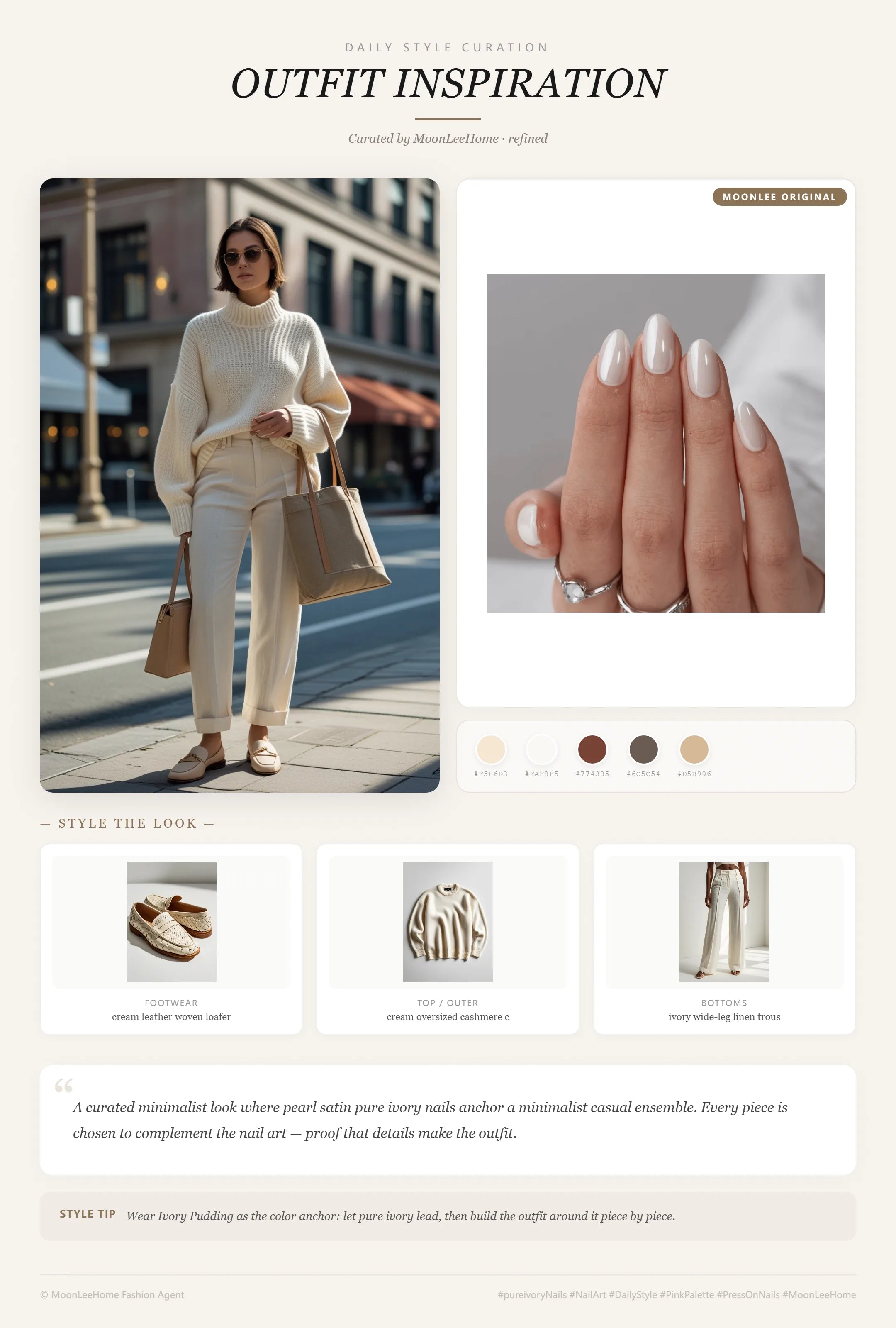 MOONLEE Ivory Pudding pearl minimalist nails paired with cream oversized cashmere sweater, ivory wide-leg linen trousers, cream leather loafers and oatmeal canvas tote — everyday outfit inspiration