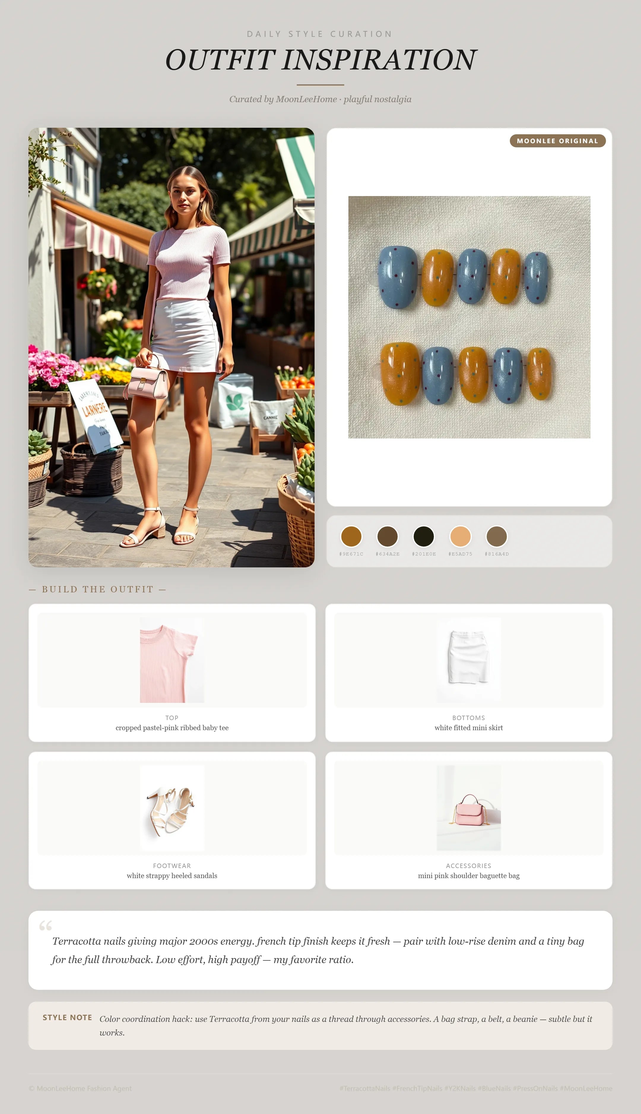 MOONLEE Retro Dots Press-On Nails paired with cropped pastel-pink ribbed baby tee, white fitted mini skirt, white strappy heeled sandals — weekend outfit inspiration