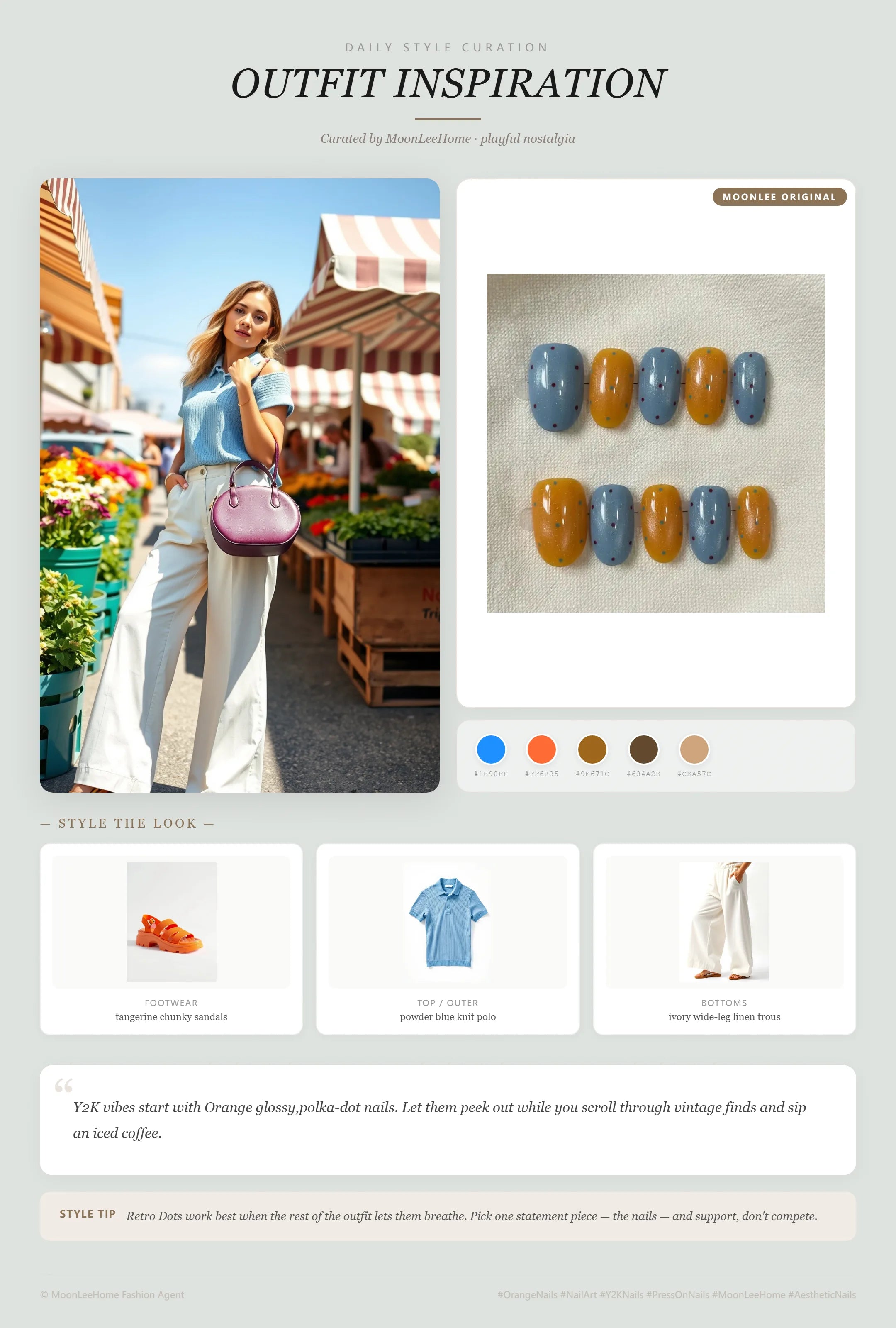 MOONLEE Retro Dots Y2K Press-On Nails paired with powder blue knit polo, ivory wide-leg linen trousers, tangerine chunky sandals, plum purple mini crescent bag — weekend outfit inspiration