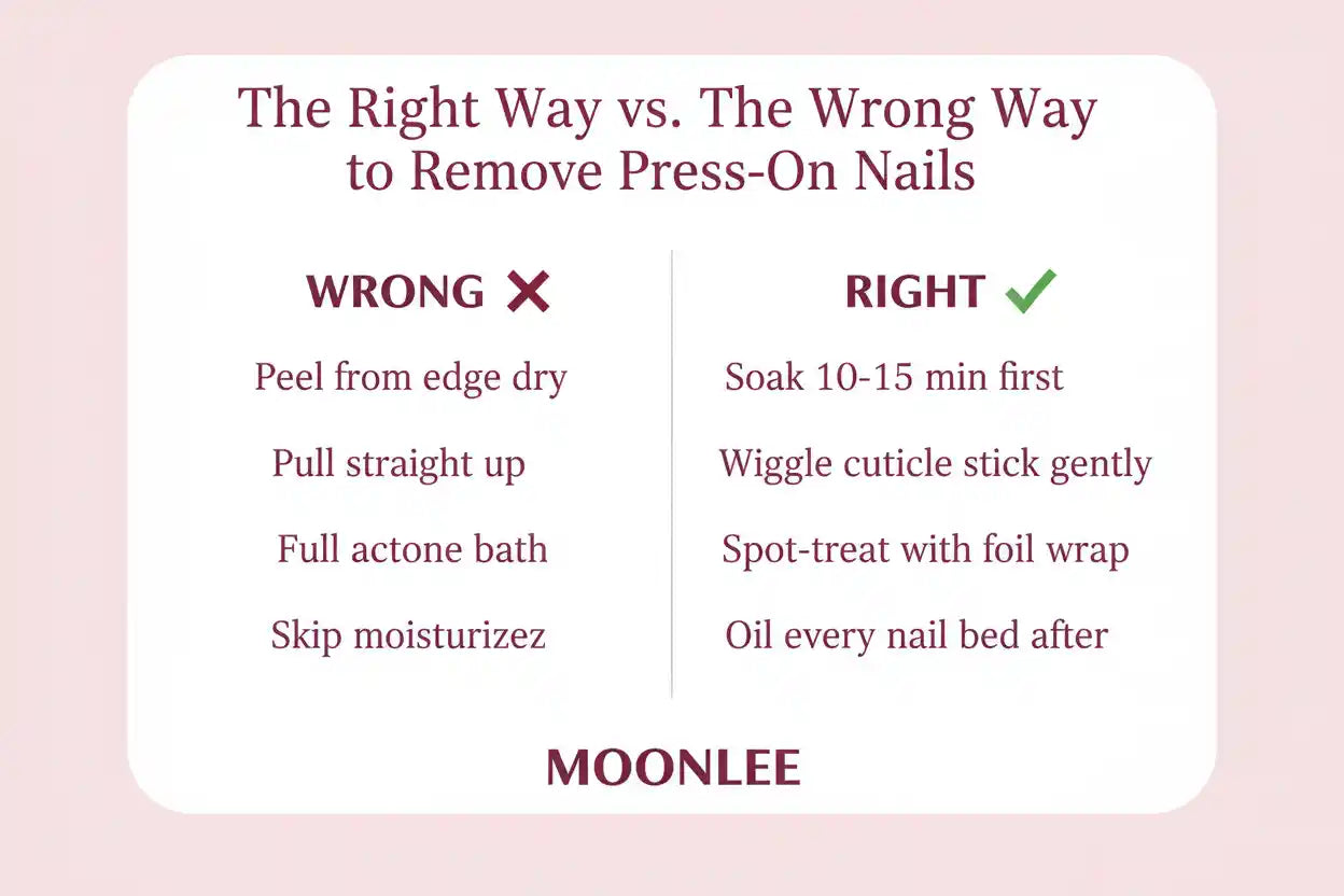 The right way vs. the wrong way to remove press-on nails — comparison infographic showing 4 common mistakes and their correct alternatives, by MOONLEE