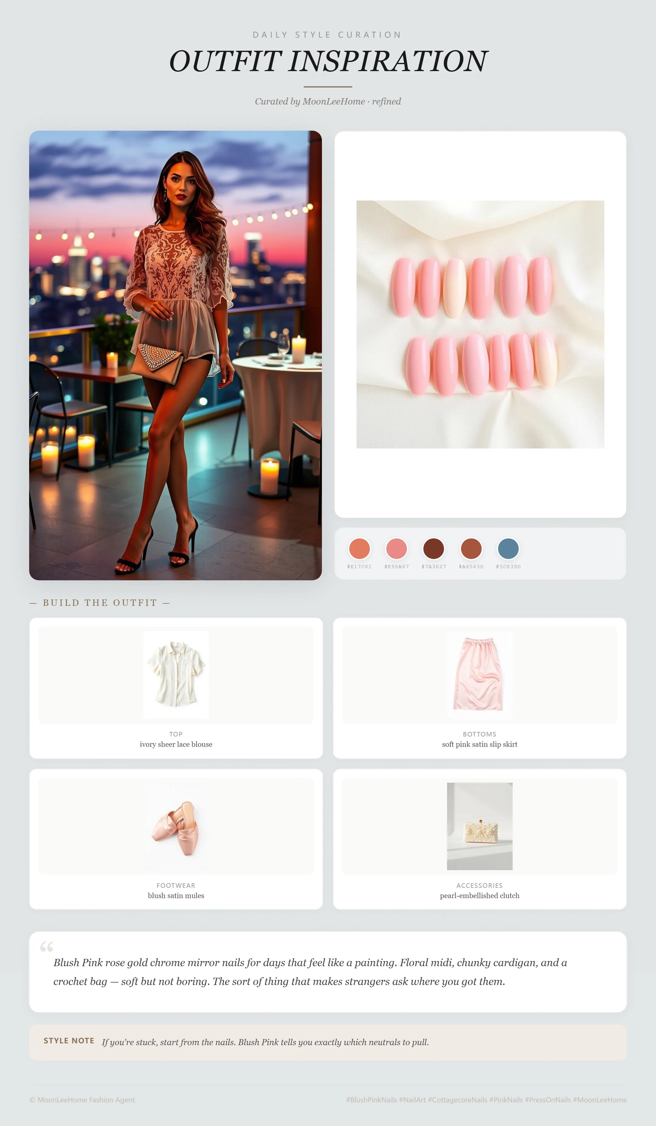 MOONLEE Blush Pink × Blush Pink Romantic Press-On Nails paired with ivory sheer lace blouse, soft pink satin slip skirt, blush satin mules, pearl-embellished clutch fashion inspiration card