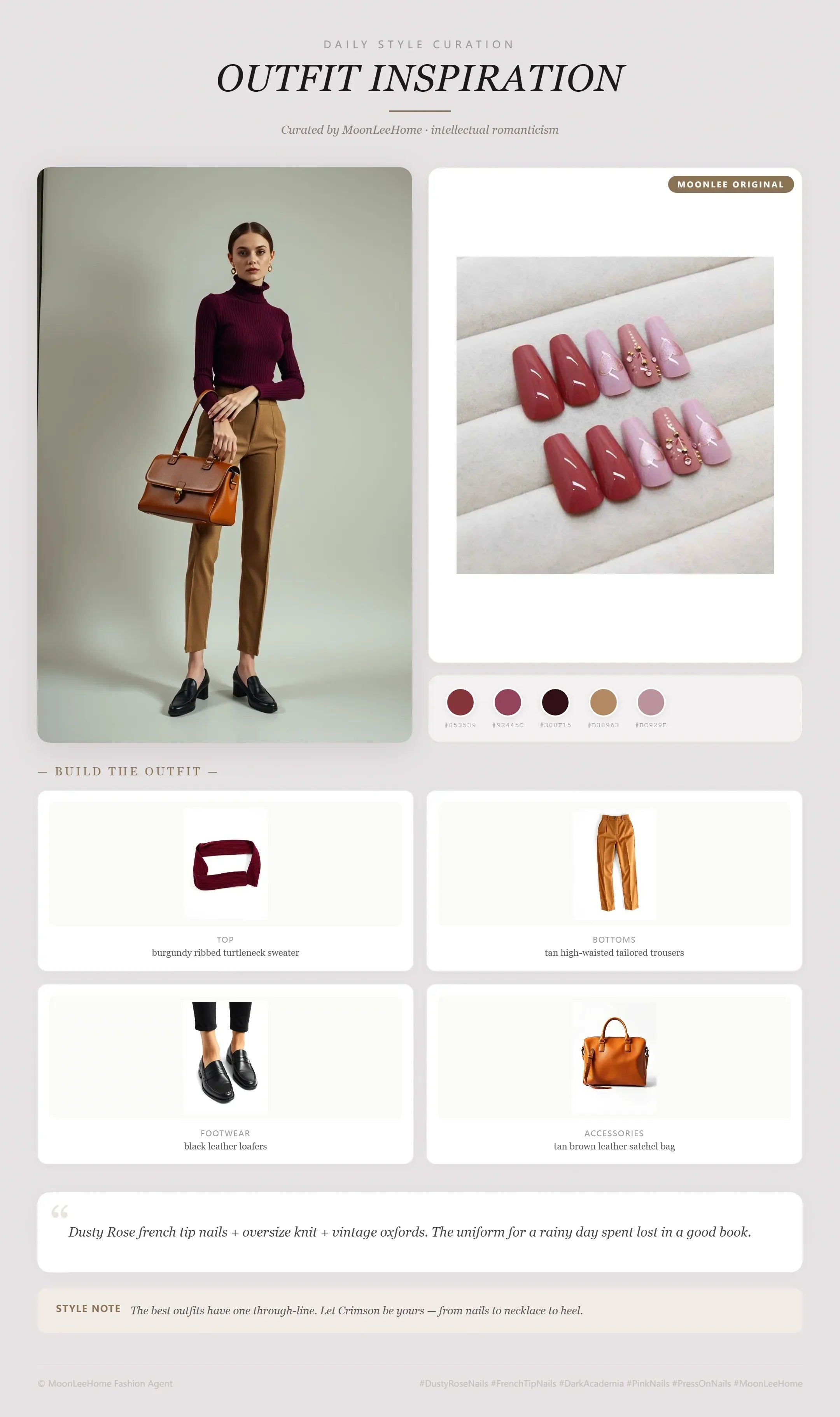MOONLEE Rose Wine Press-On Nails paired with burgundy ribbed turtleneck sweater, tan high-waisted tailored trousers, black leather loafers, tan brown leather satchel bag fashion inspiration card