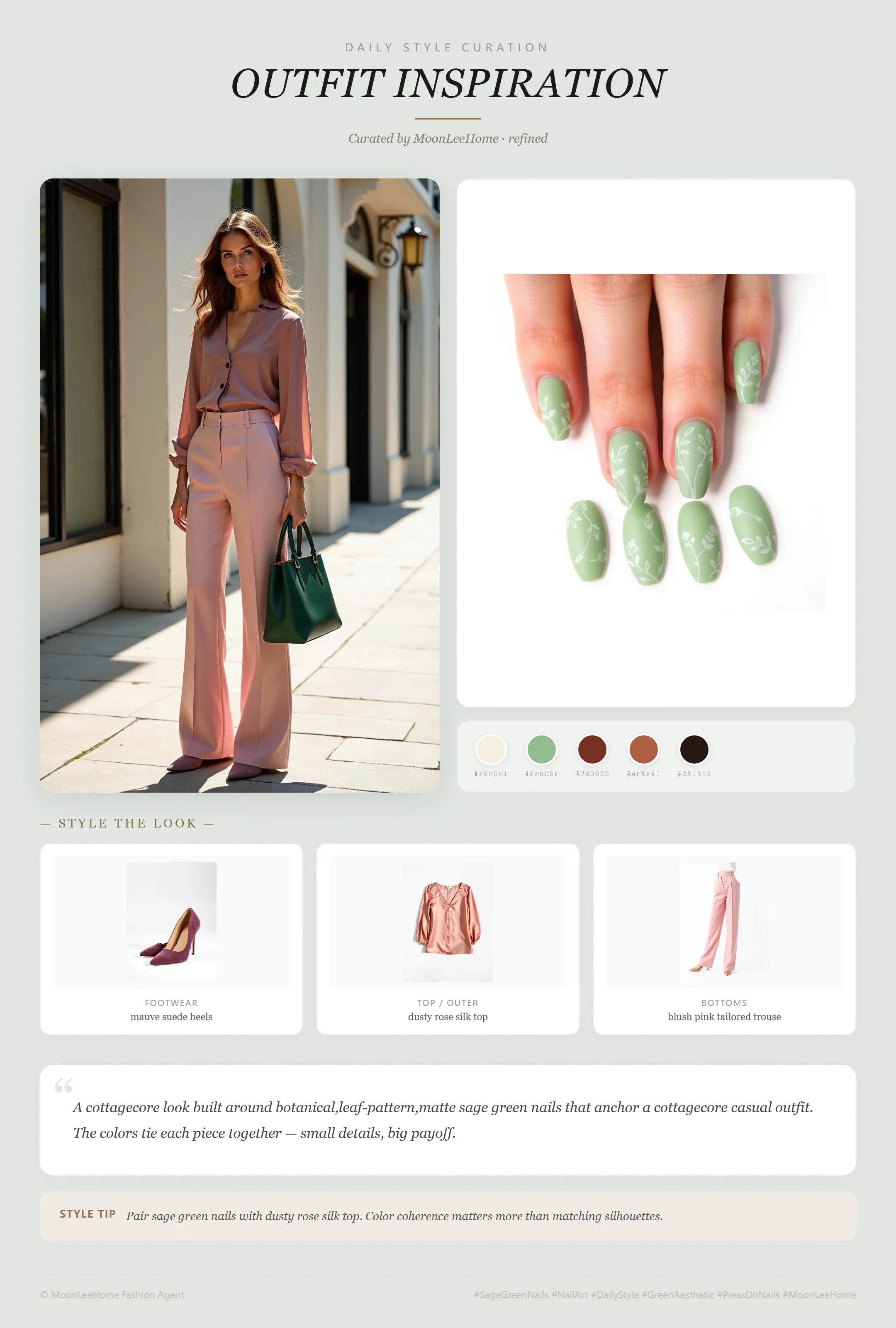 MOONLEE Gardencore Botanical sage green leaf press-on nails paired with dusty rose silk top, blush pink tailored trousers, mauve suede heels and olive green structured bag — cottagecore weekend outfit inspiration