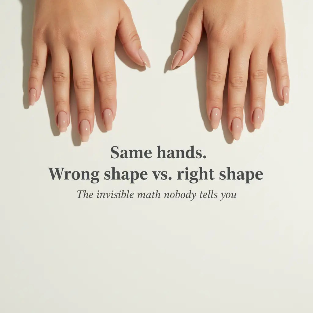 Two hands side by side showing coffin nails vs. almond nails on the same finger type — illustrating how nail shape choice affects the appearance of wide fingers. MOONLEE press-on nail shapes guide.
