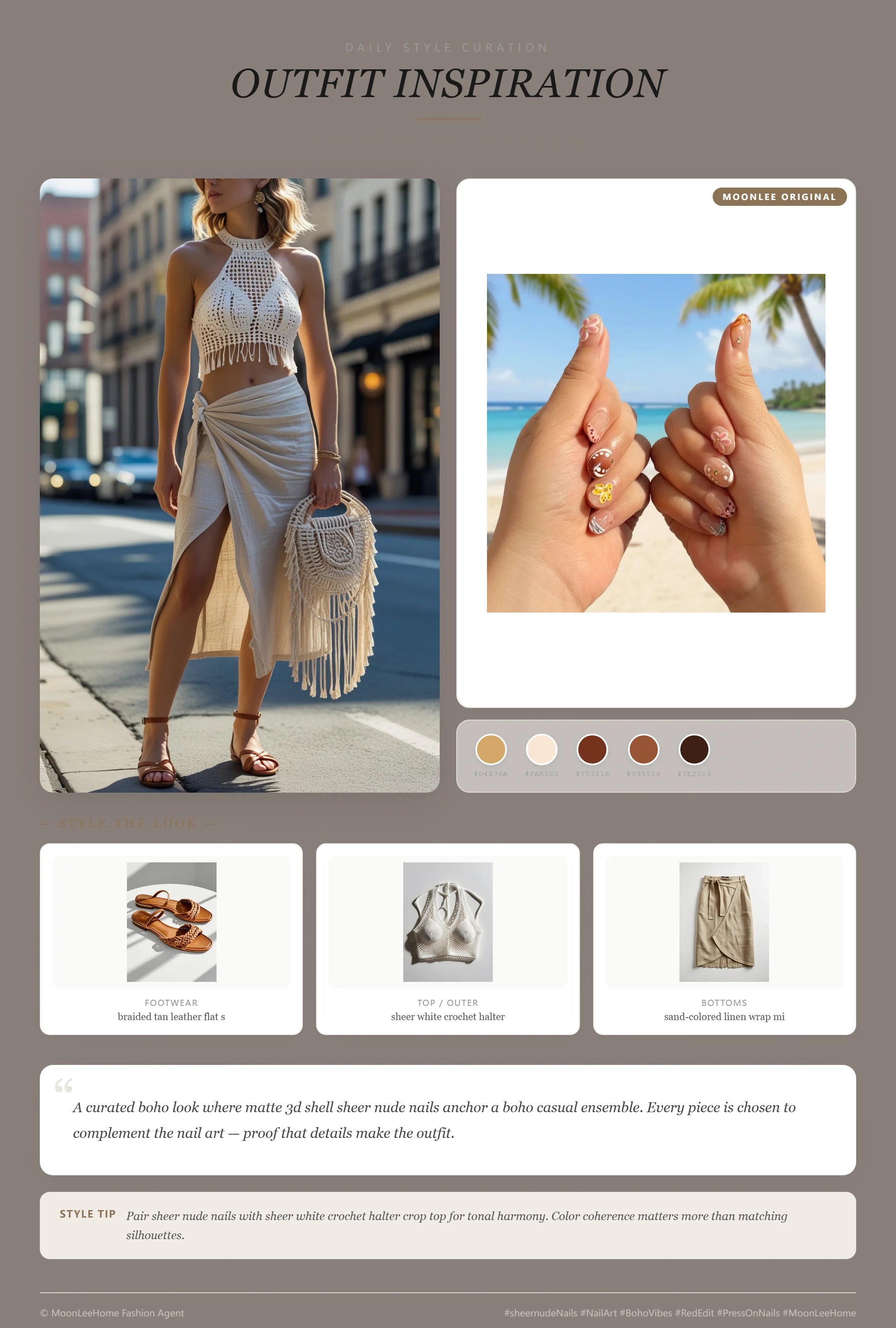 MOONLEE Whispering Sands boho starfish nails paired with sheer white crochet halter top, sand linen wrap midi skirt, braided leather sandals and macrame fringe crossbody bag — coastal sunset outfit inspiration