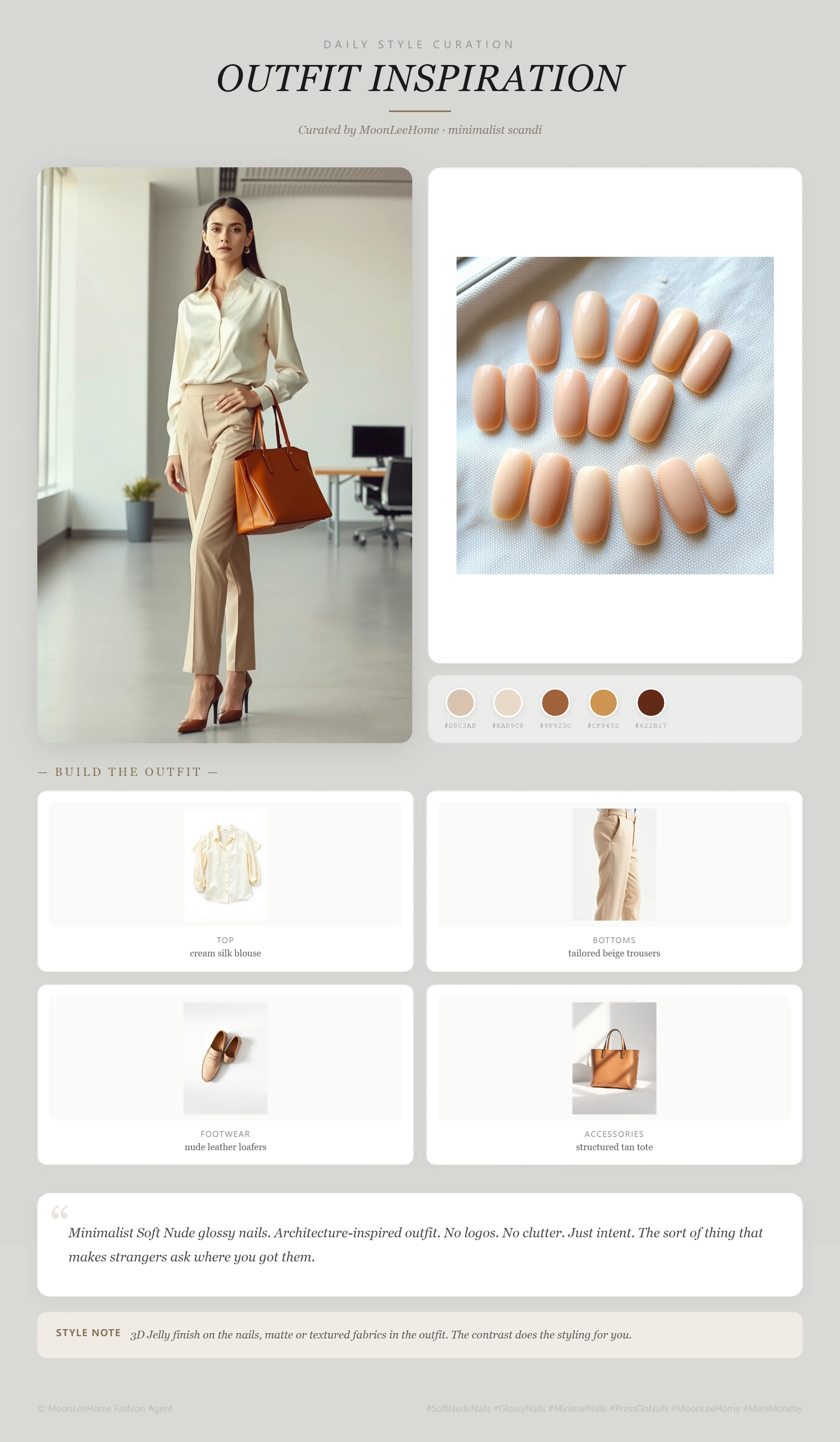 MOONLEE Soft Almond Nude Press-On Nails paired with cream silk blouse, tailored beige trousers, nude leather loafers, structured tan tote fashion inspiration card