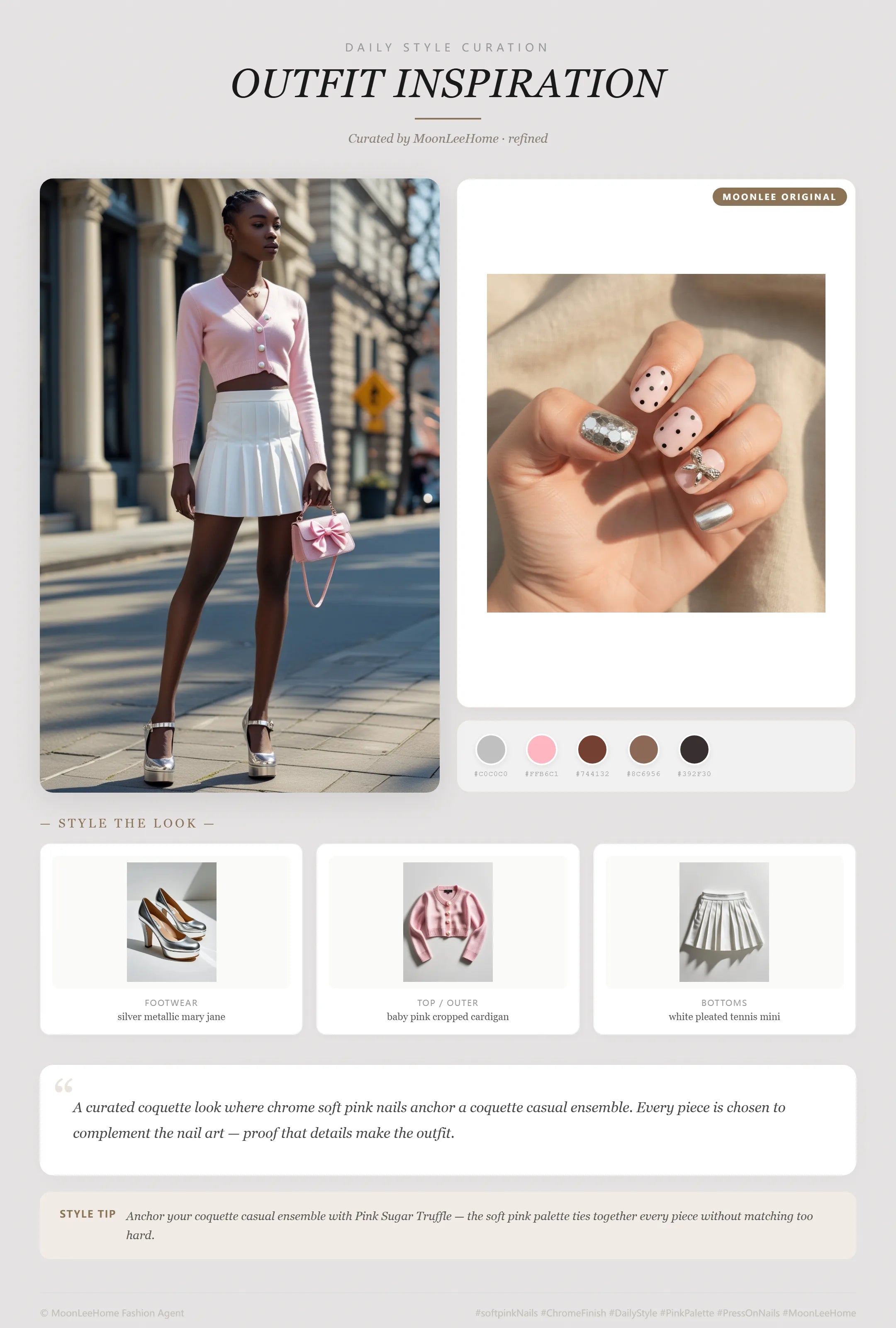 MOONLEE Pink Sugar Truffle coquette chrome nails paired with baby pink cropped cardigan, white tennis mini skirt, silver mary jane heels and pink bow crossbody bag — party outfit inspiration