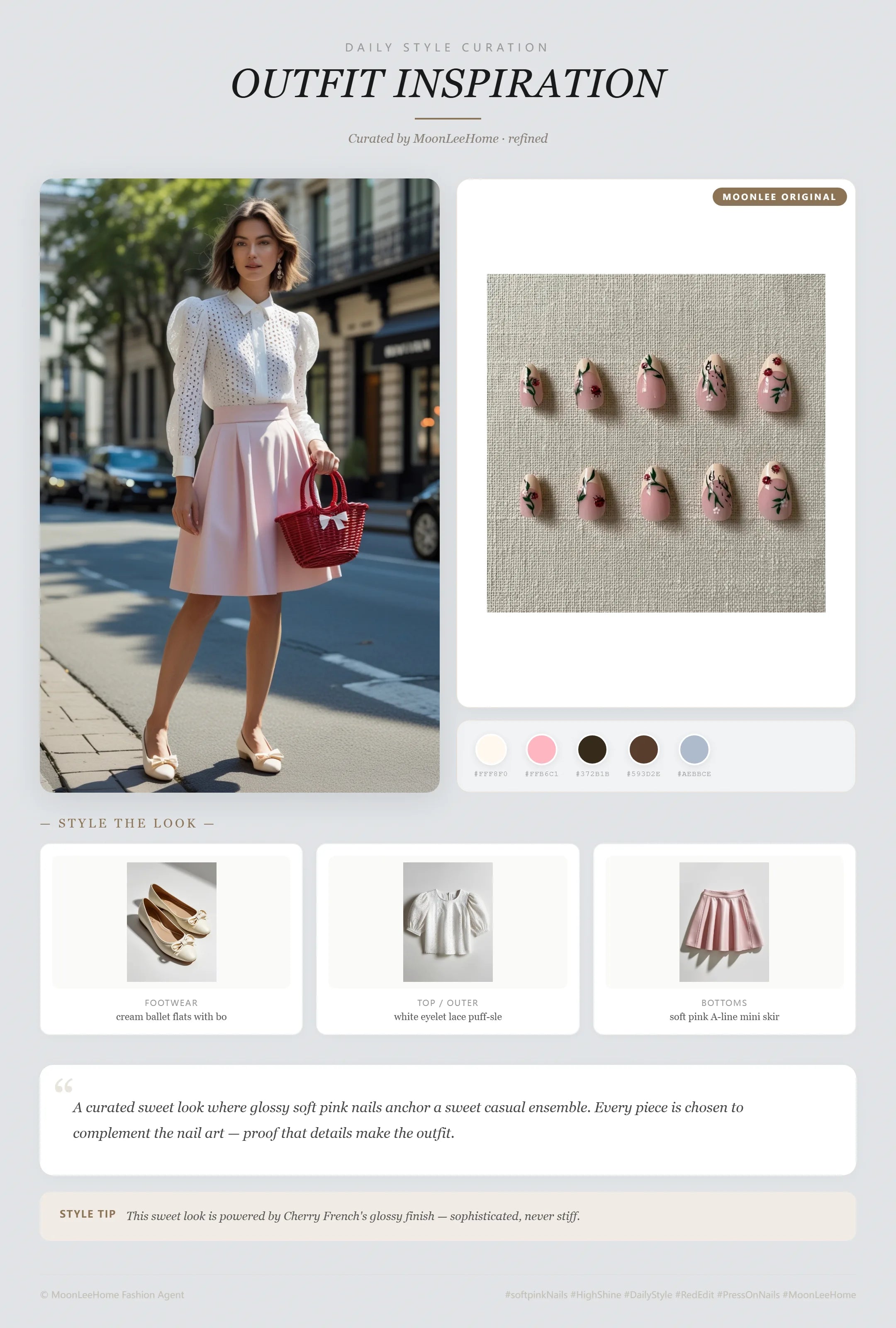 MOONLEE Cherry French sweet cherry tip nails paired with white eyelet lace puff-sleeve blouse, soft pink A-line mini skirt, cream bow ballet flats and red cherry-shaped wicker basket bag — picnic weekend outfit inspiration