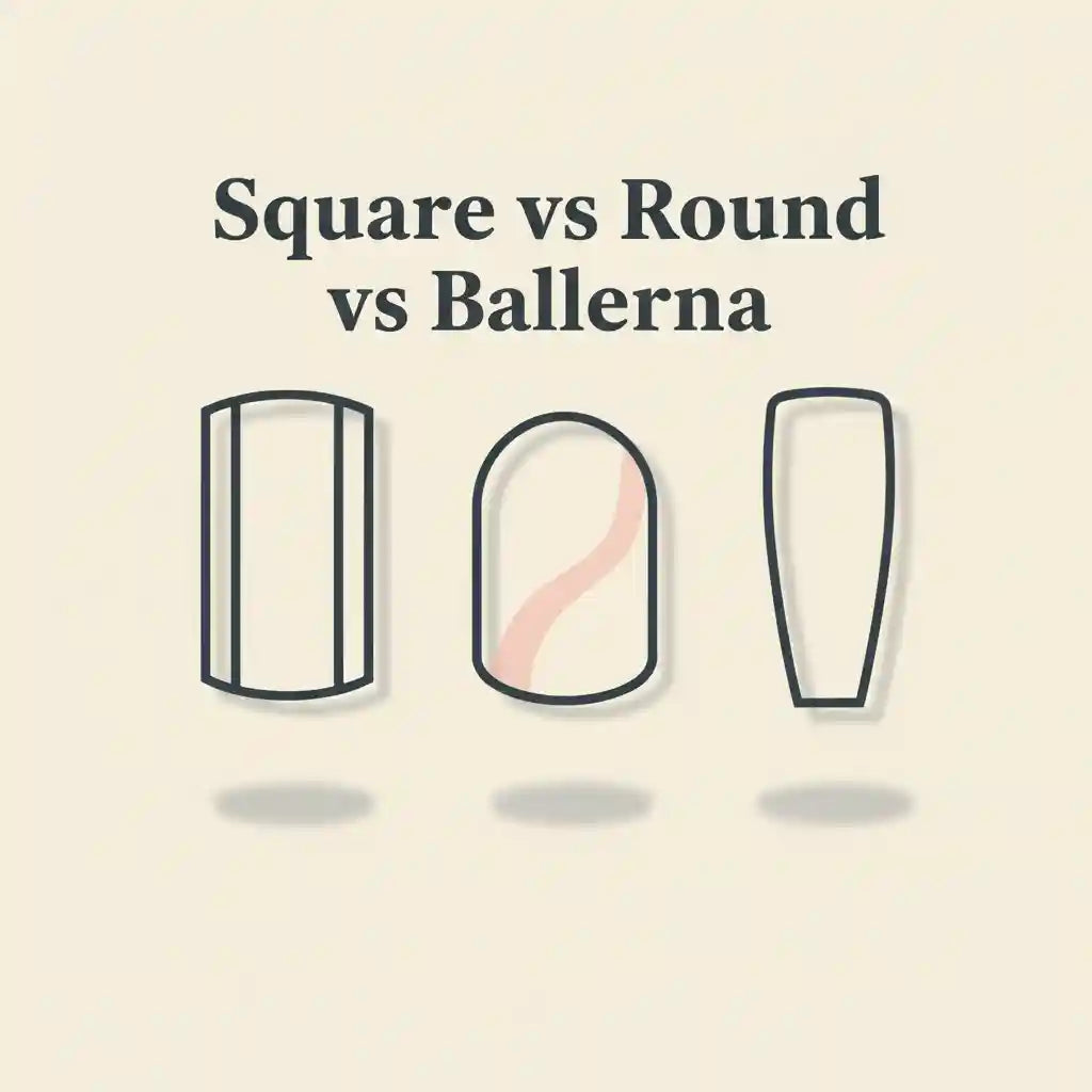 Square, round, and ballerina press-on nail shapes arranged side by side on a warm ivory background with the title ‘Square vs Round vs Ballerina’ centered above.