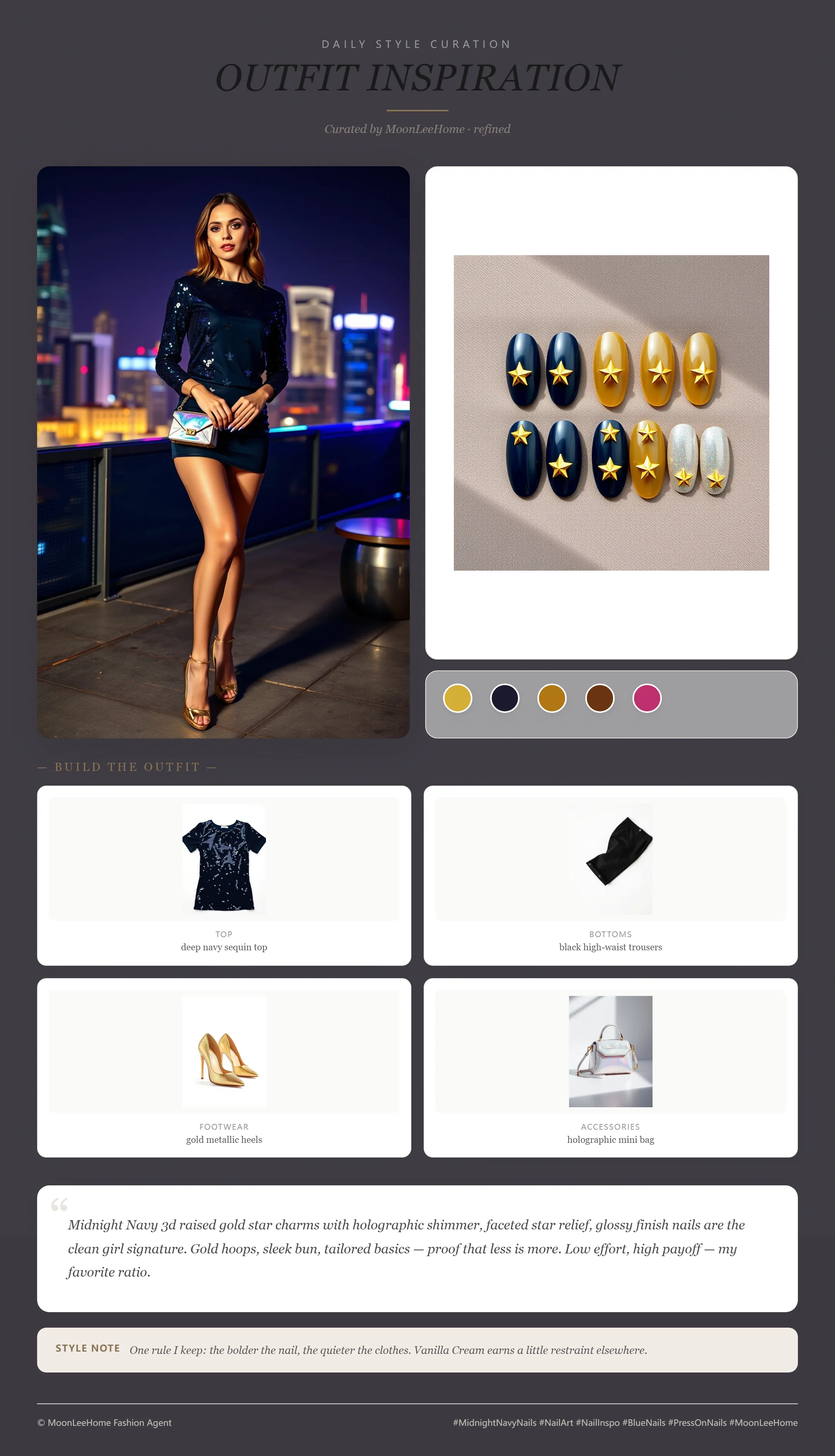 MOONLEE Starlight Charm 3D Press-On Nails paired with deep navy sequin top, black high-waist trousers, gold metallic heels, holographic mini bag — party outfit inspiration