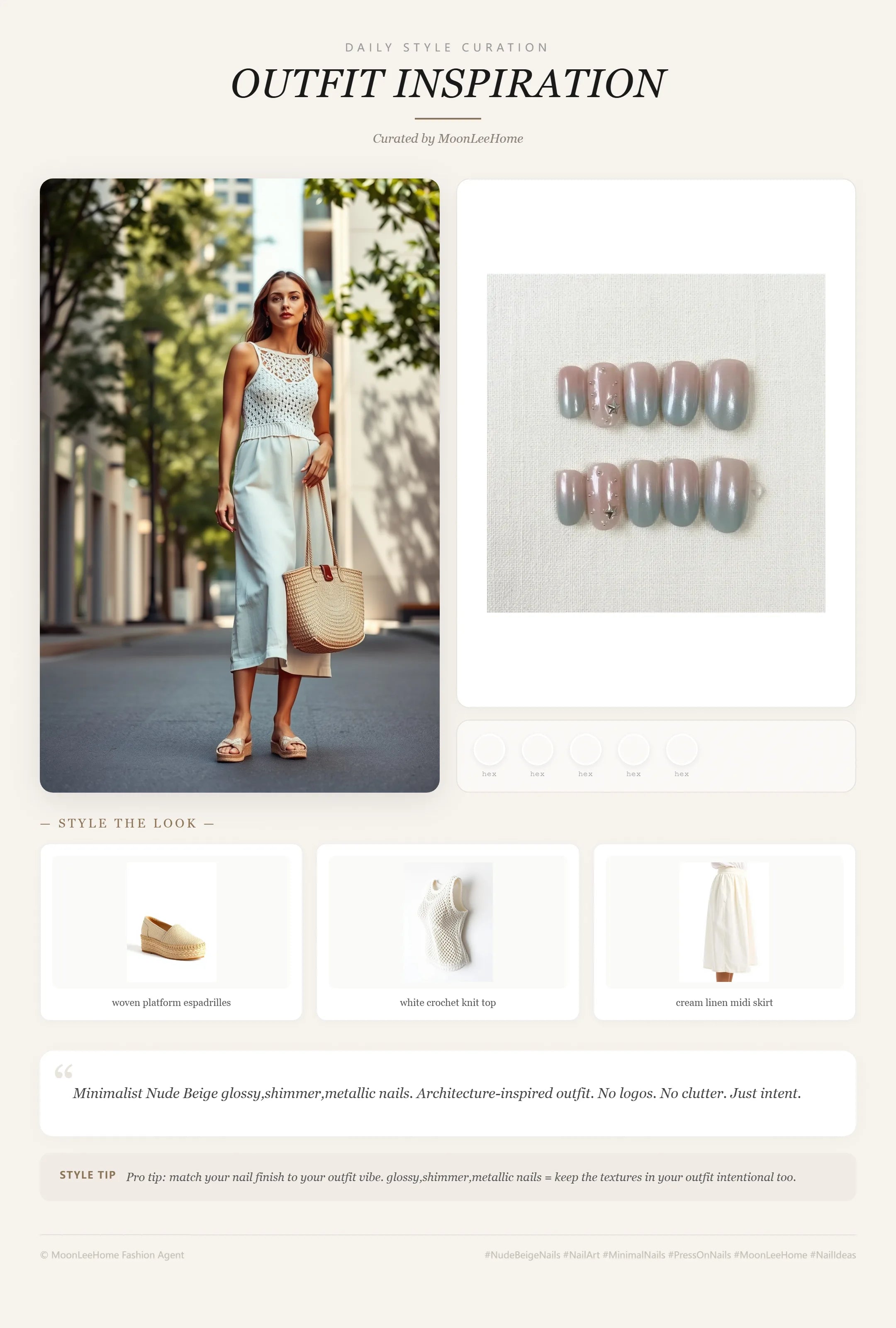 Starlight Mist press-on nails paired with white crochet knit top, cream linen midi skirt, woven platform espadrilles, and straw woven tote bag — office outfit inspiration