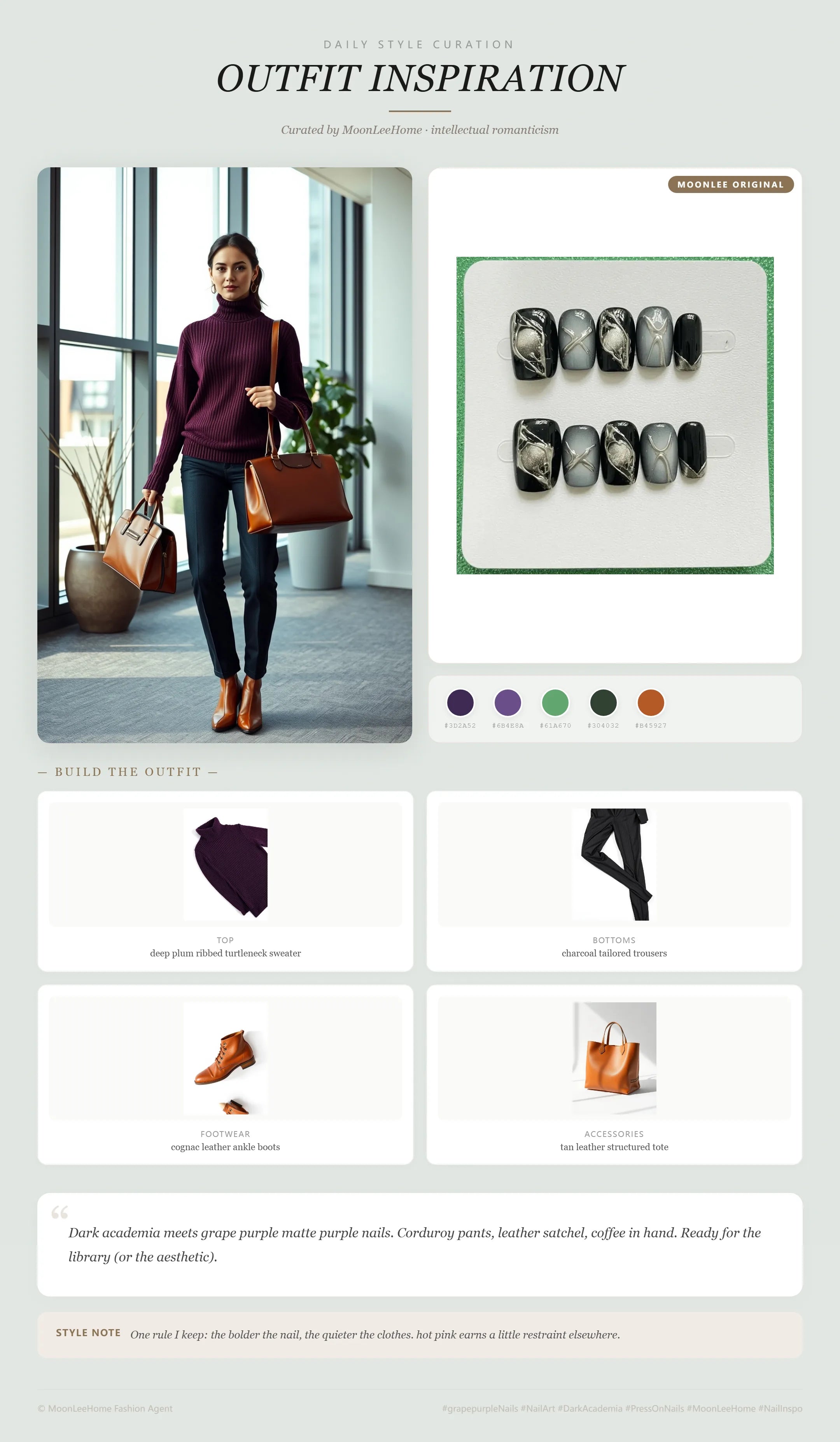 MOONLEE Static Grape Press-On Nails paired with deep plum ribbed turtleneck sweater, charcoal tailored trousers, cognac leather ankle boots, tan leather structured tote — office outfit inspiration