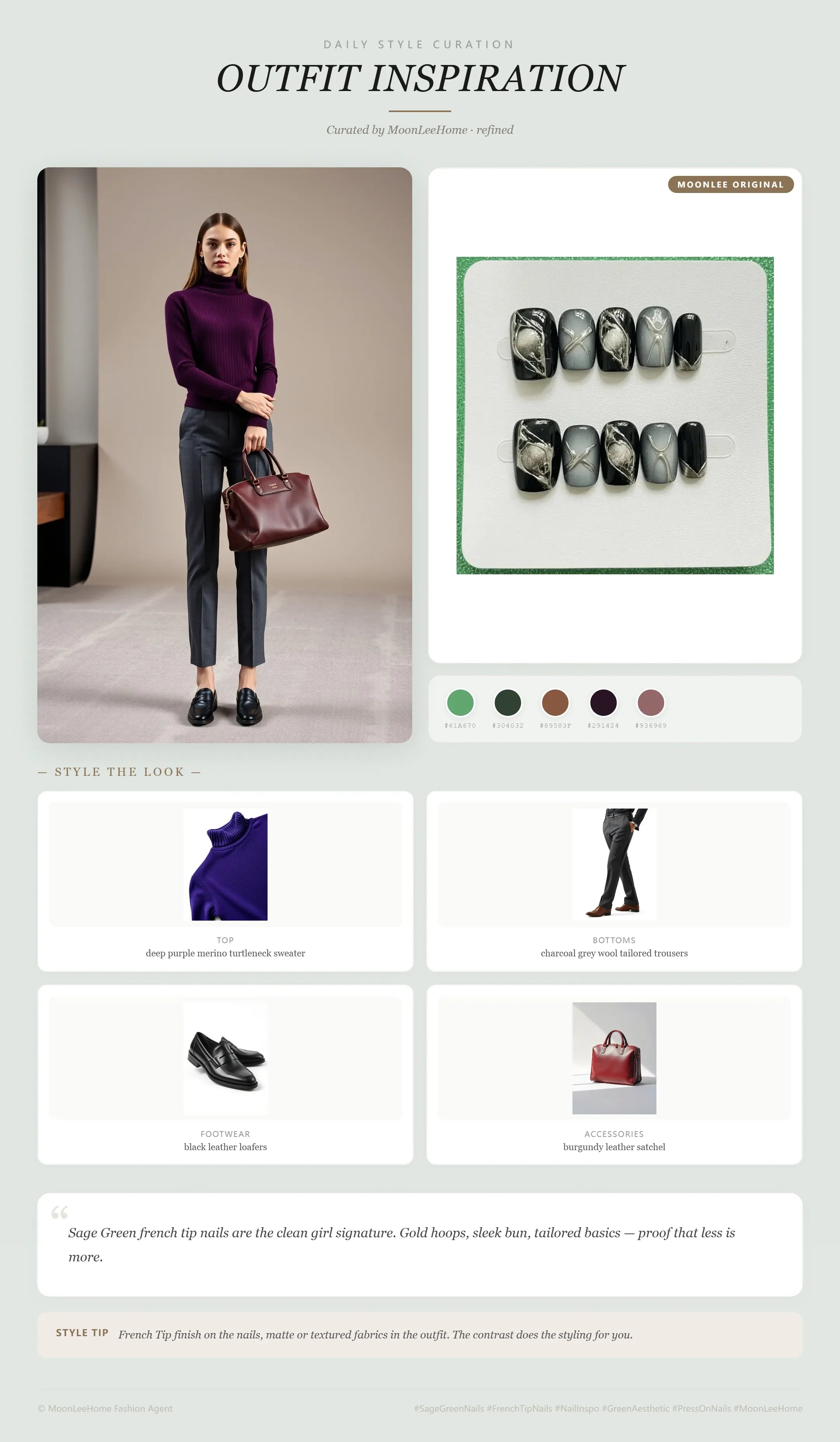 MOONLEE Static Grape Press-On Nails paired with deep purple merino turtleneck sweater, charcoal grey wool tailored trousers, black leather loafers, burgundy leather satchel — office outfit inspiration