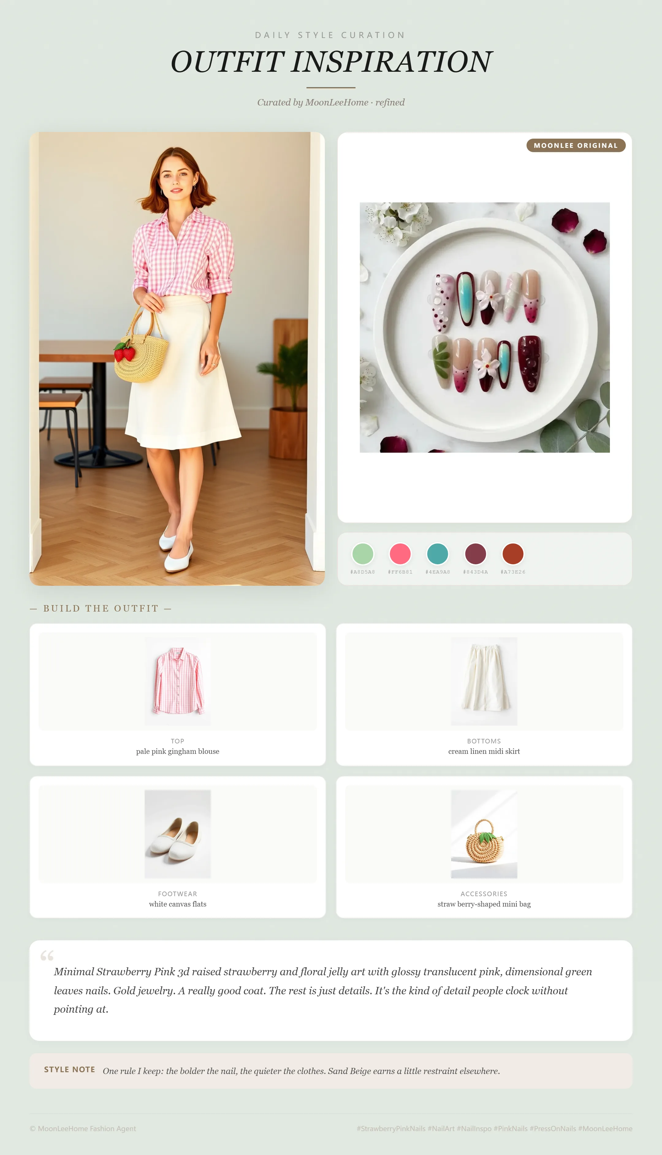 MOONLEE Strawberry Bloom Press-On Nails paired with pale pink gingham blouse, cream linen midi skirt, white canvas flats, straw berry-shaped mini bag — brunch outfit inspiration