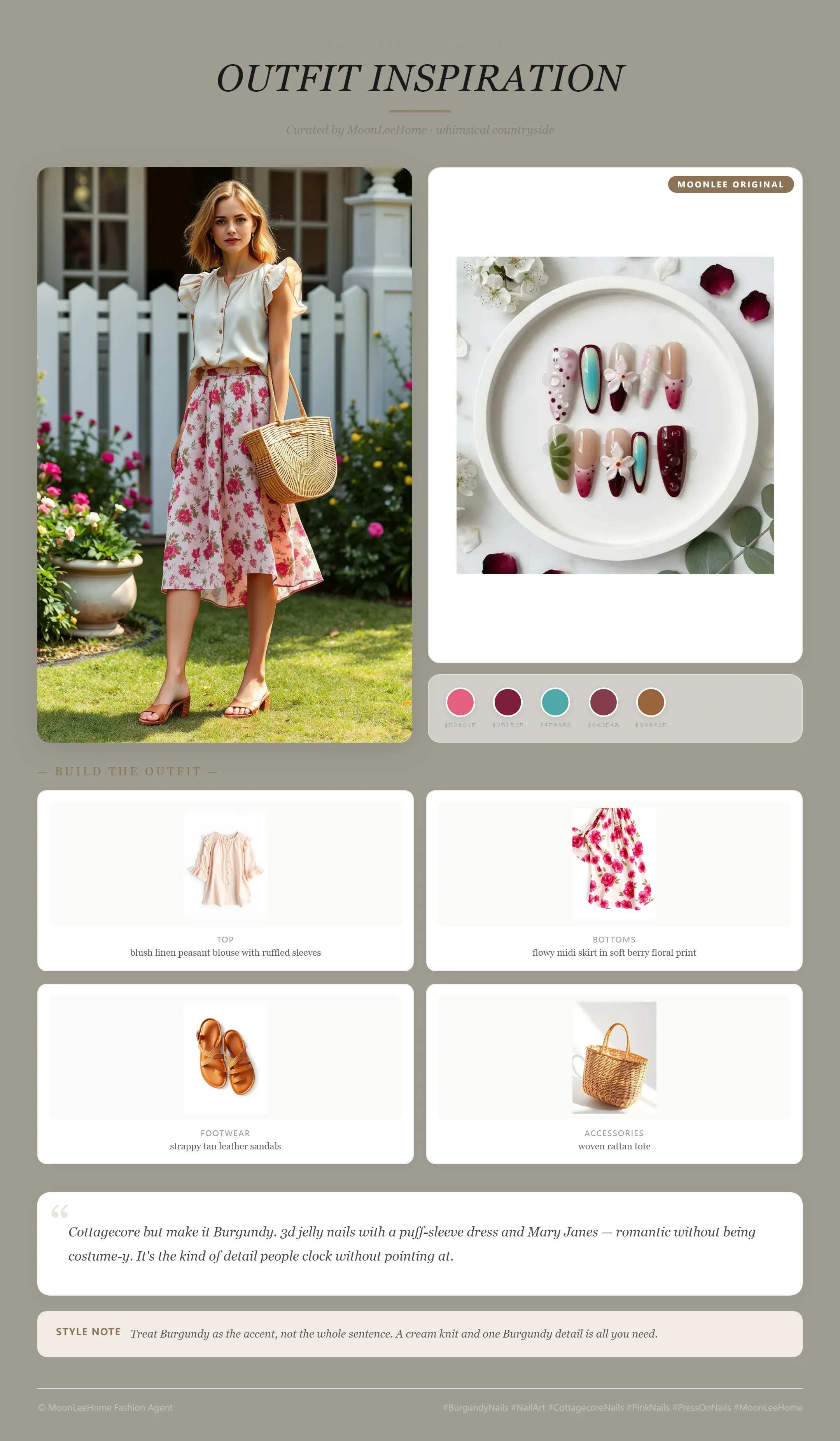 MOONLEE Strawberry Bloom 3D Floral Jelly Press On Nails Press-On Nails paired with blush linen peasant blouse with ruffled sleeves, flowy midi skirt in soft berry floral print, strappy tan leather sandals, woven rattan tote fashion inspiration card