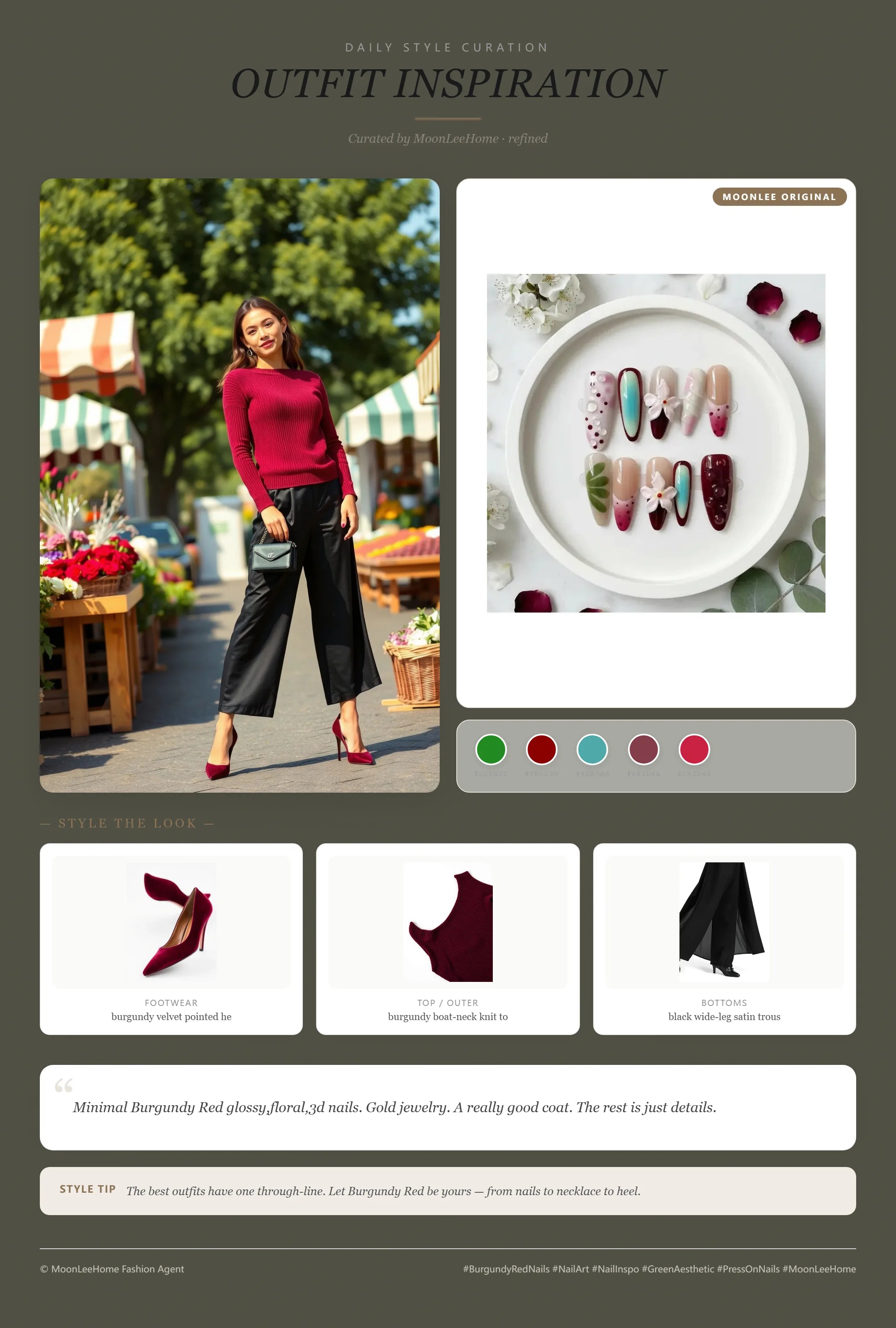 MOONLEE Burgundy Red × Forest Green Indie Sleaze Press-On Nails paired with burgundy boat-neck knit top, black wide-leg satin trousers, burgundy velvet pointed heels, black mini chain-strap bag fashion inspiration card