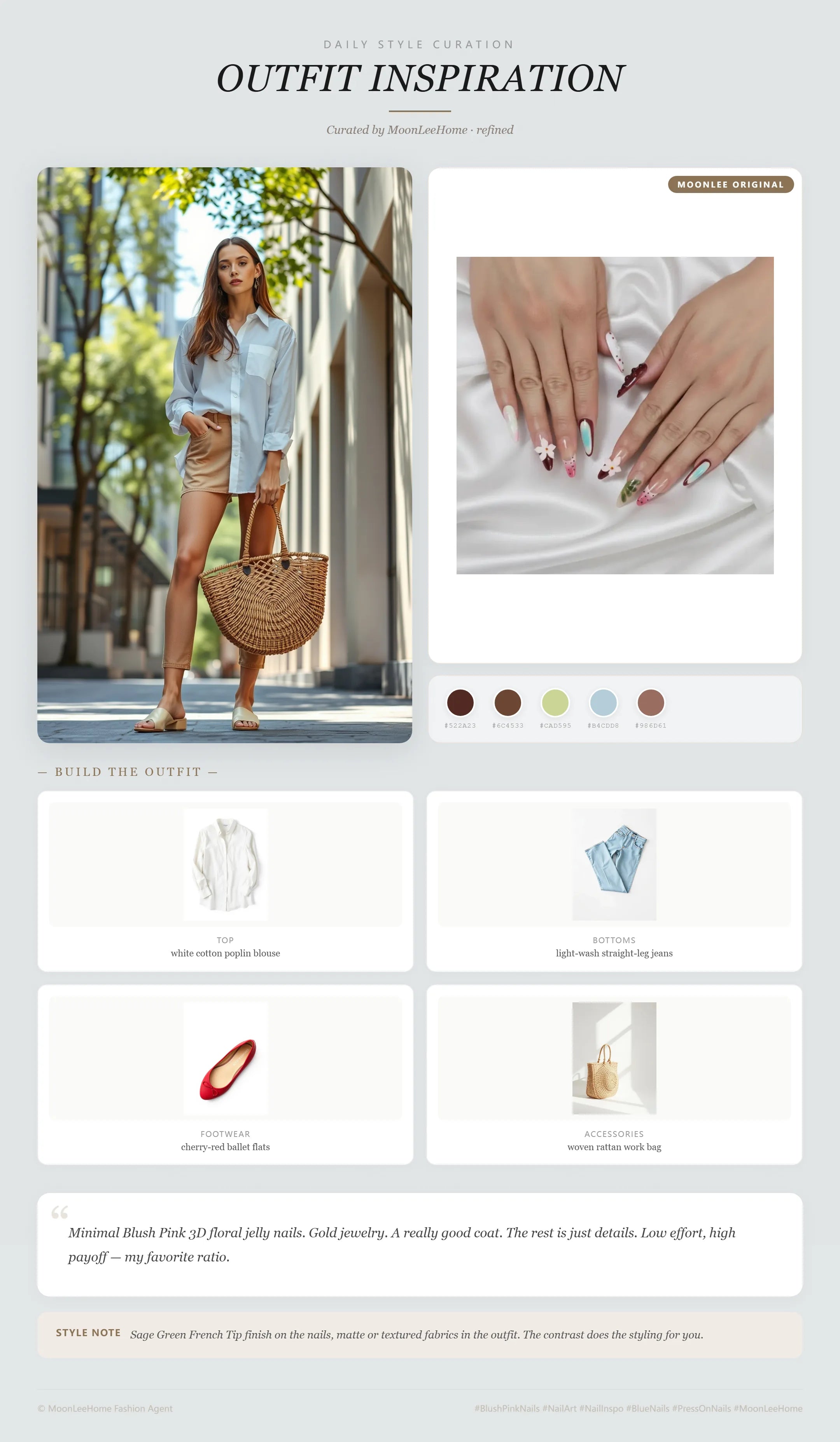MOONLEE Strawberry Bloom 3D Floral Jelly Press-On Nails paired with white cotton poplin blouse, light-wash straight-leg jeans, cherry-red ballet flats, woven rattan work bag — workday outfit inspiration