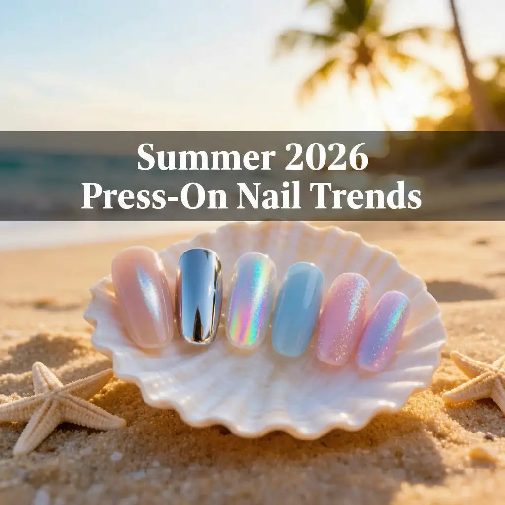 Summer beach vacation scene featuring cat eye chrome and aurora holographic press-on nails with shell decorations, golden sunset light | MOONLEE