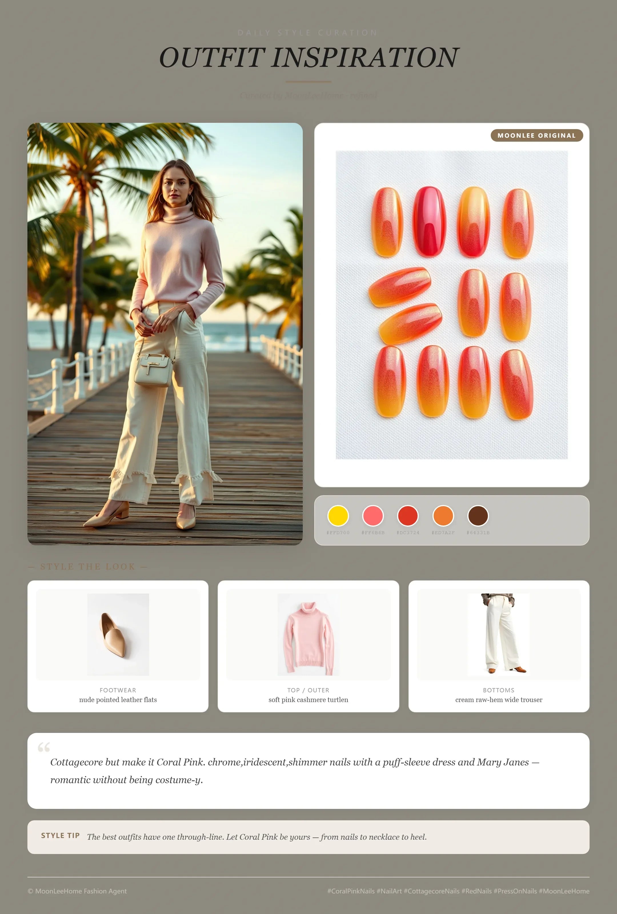 MOONLEE Sunset Chrome Press-On Nails paired with soft pink linen top, cream wide trousers, nude flats and crescent bag — vacation outfit inspiration