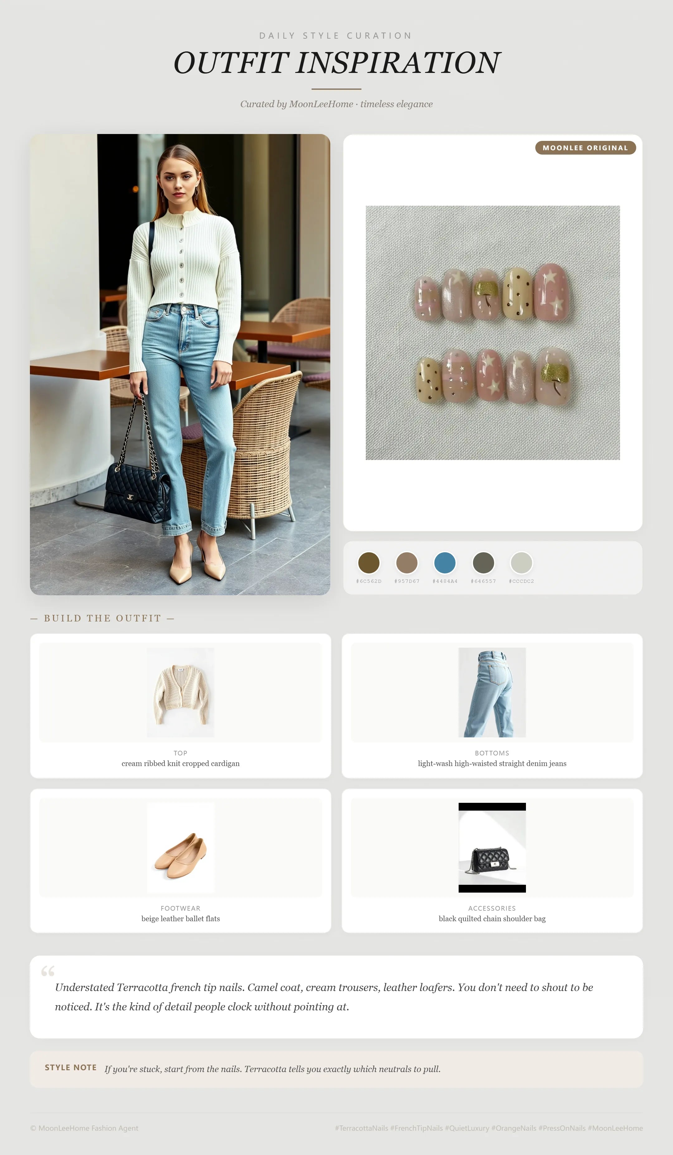 MOONLEE Sweet Bow Handmade Press On Nails Press-On Nails paired with cream ribbed knit cropped cardigan, light-wash high-waisted straight denim jeans, beige leather ballet flats, black quilted chain shoulder bag fashion inspiration card