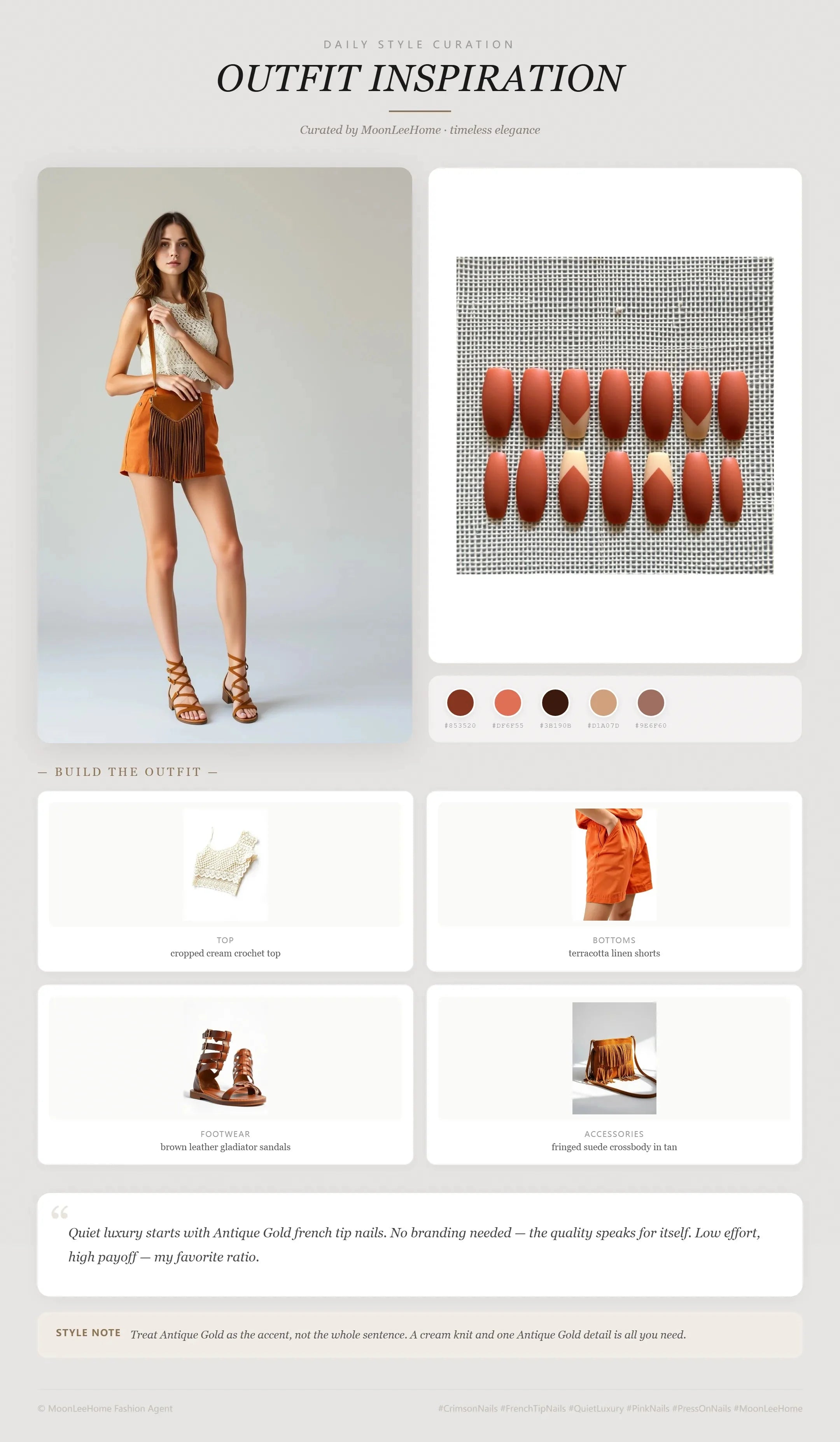 MOONLEE Antique Gold Rust Press-On Nails paired with cropped cream crochet top, terracotta linen shorts, brown leather gladiator sandals, fringed suede crossbody in tan — weekend errand outfit inspiration