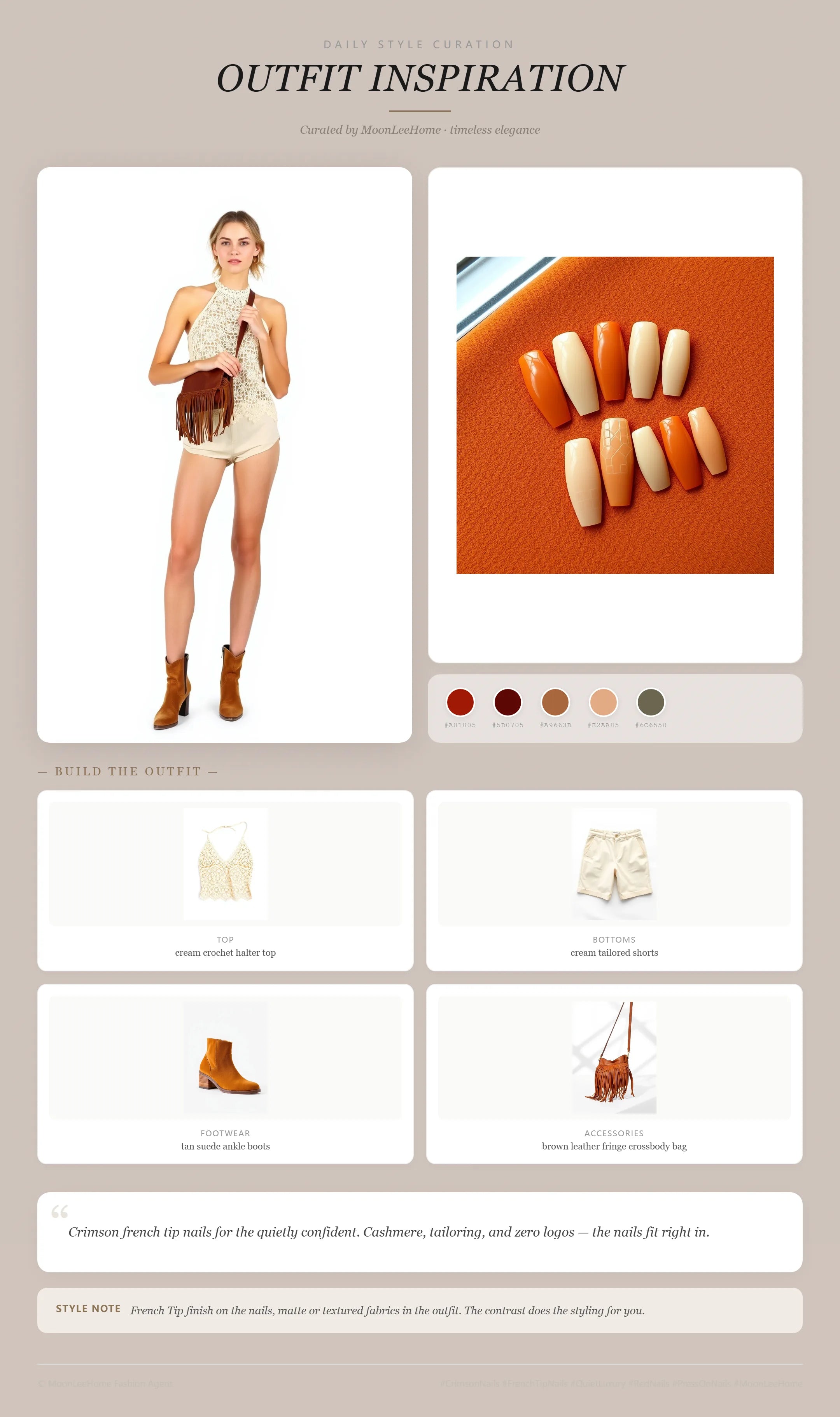 MOONLEE Terra Mosaic 3D press-on nails styled with cream crochet halter top, cream tailored shorts, tan suede ankle boots, and brown leather fringe crossbody bag for a weekend shopping look