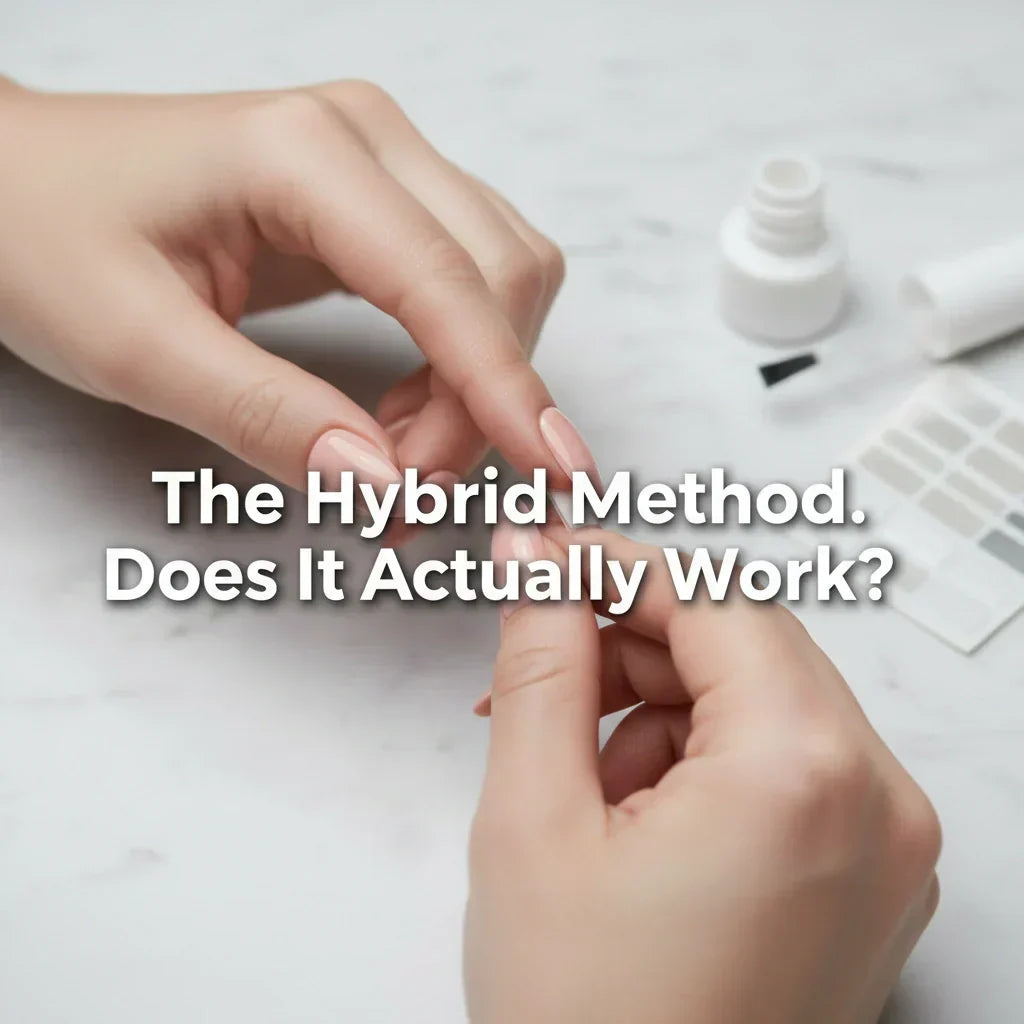 Hybrid method press-on nails application — using adhesive tabs and nail glue together for longer wear