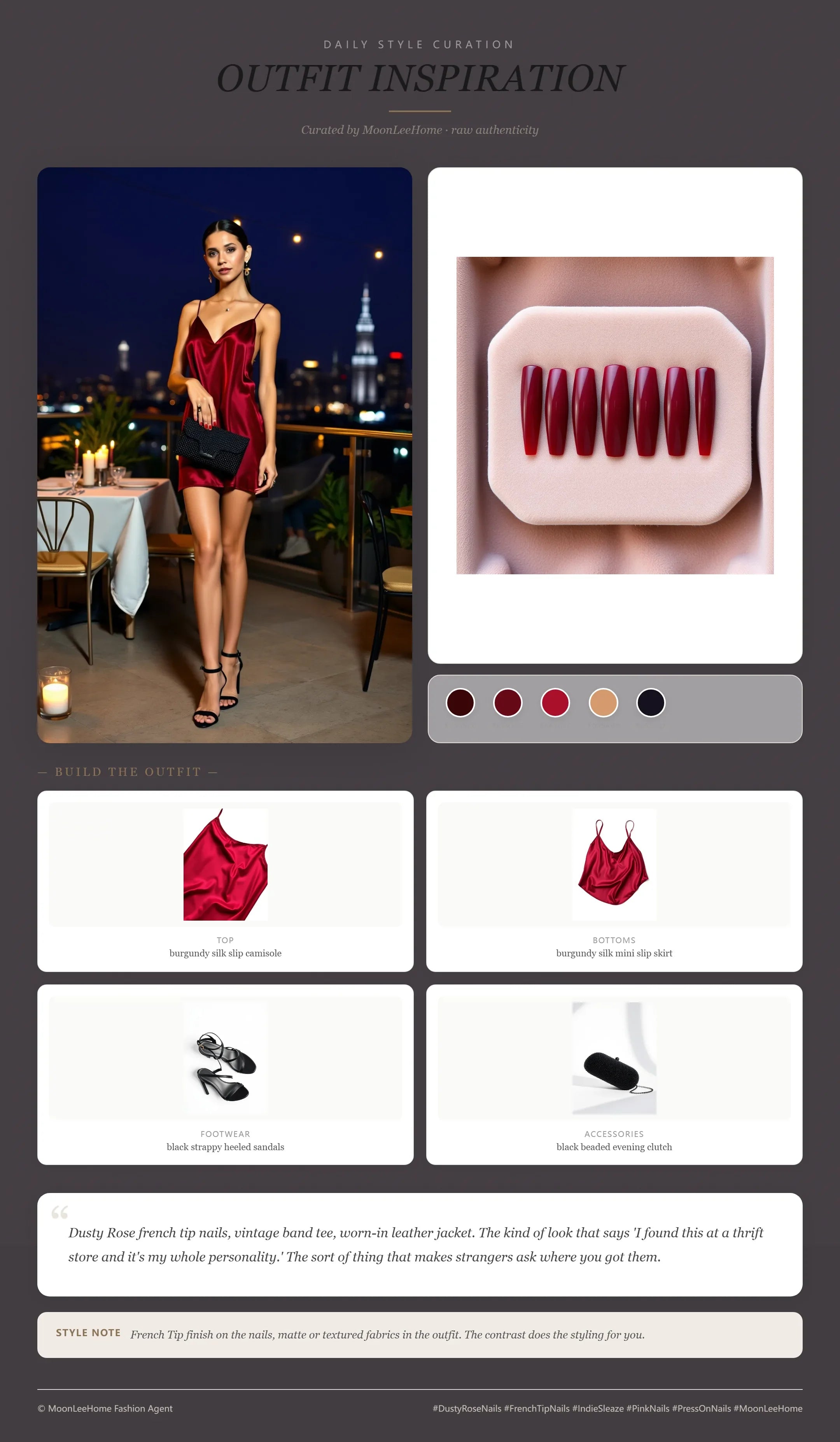 MOONLEE Velvet Ember 3D Press-On Nails paired with burgundy silk slip camisole, burgundy silk mini slip skirt, black strappy heeled sandals and black beaded evening clutch — date night outfit inspiration